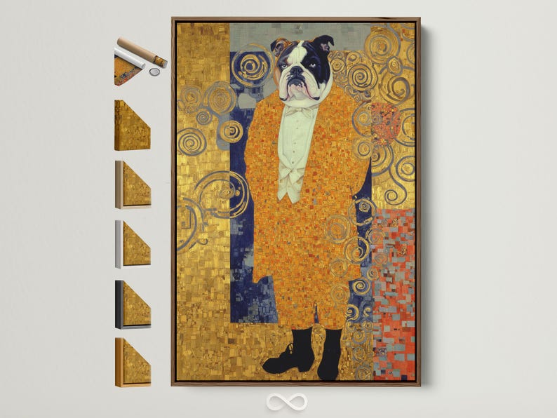 Stylised bulldog portrait with gold ornamental swirls and mosaic-like background in blue and warm reds