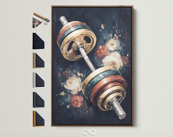 Vintage Barbell Art Print - Floral Fitness Wall Art, Gym Canvas Print for Home Workout Room Decor