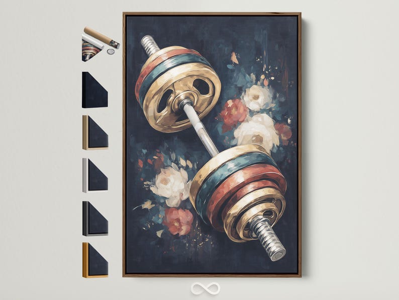 Diagonal barbell with metallic gold plates over dark floral background