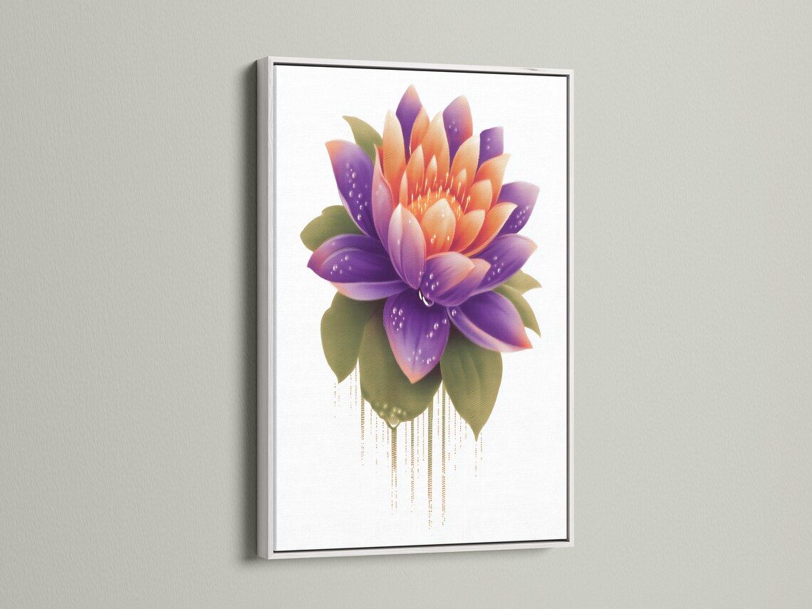 Lotus flower artwork with purple and orange petals and green leaves on a white background detail view