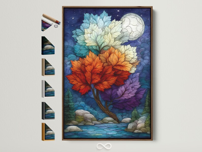 Fantasy tree artwork with colourful leaf clusters and a full moon on a deep blue night sky