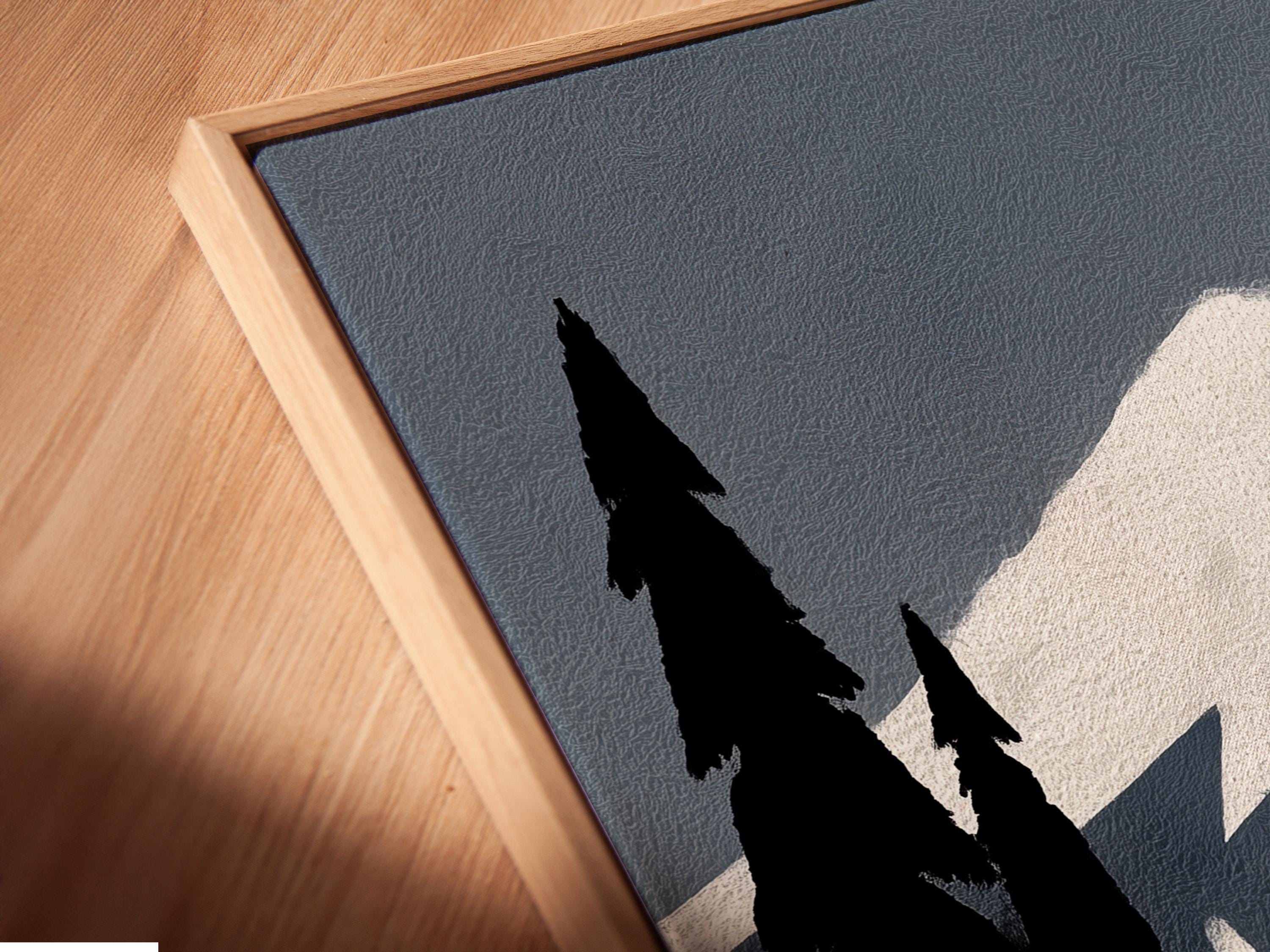 Room mockup showing a framed yellow train winter mountain artwork