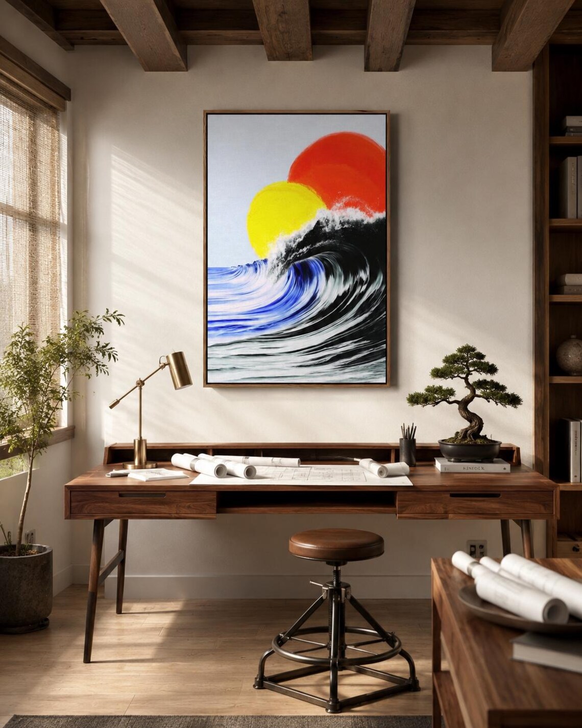 Room mockup showing a framed abstract ocean artwork on a wall near an open window and lounge area