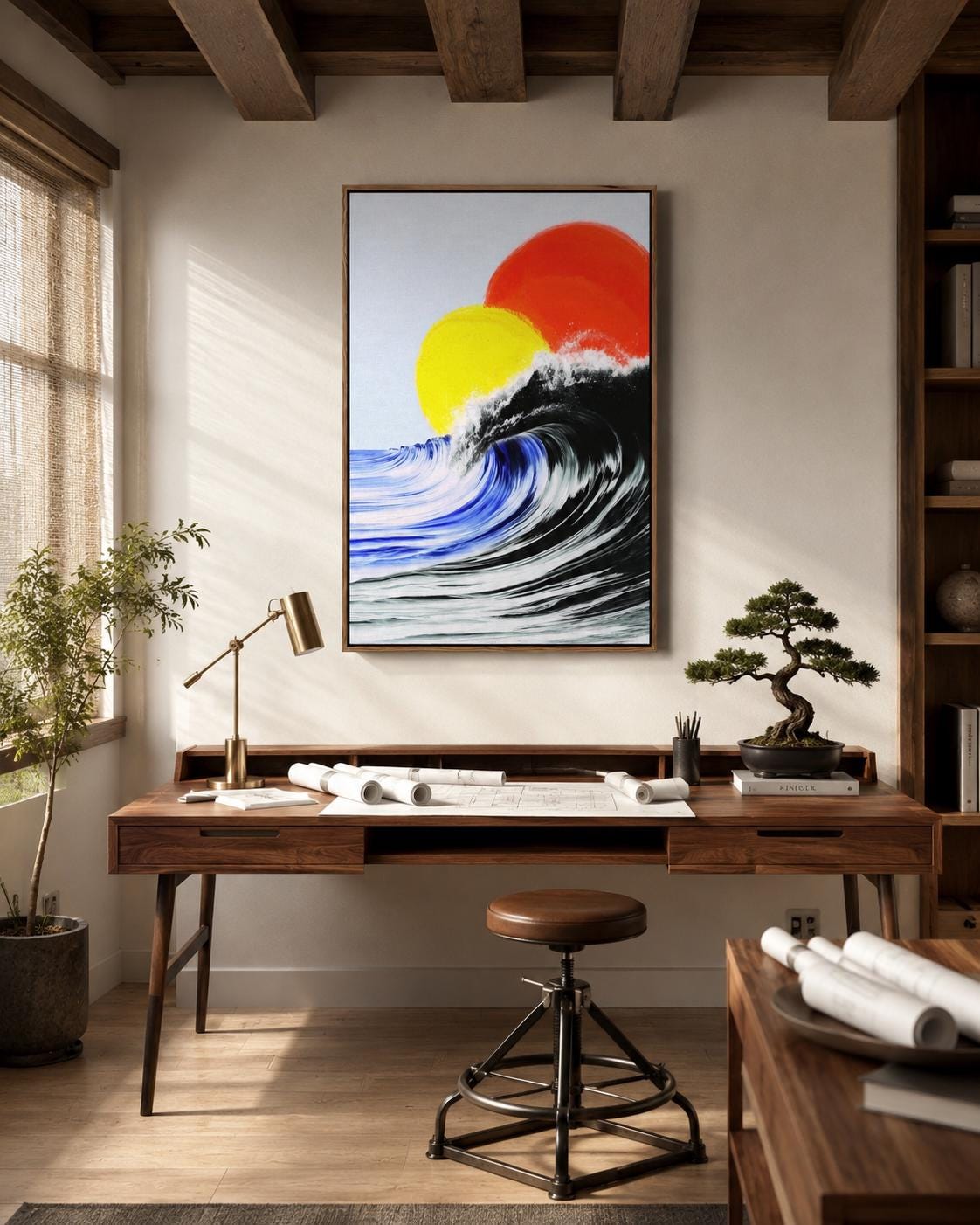 Room mockup showing a framed abstract ocean artwork on a wall near an open window and lounge area