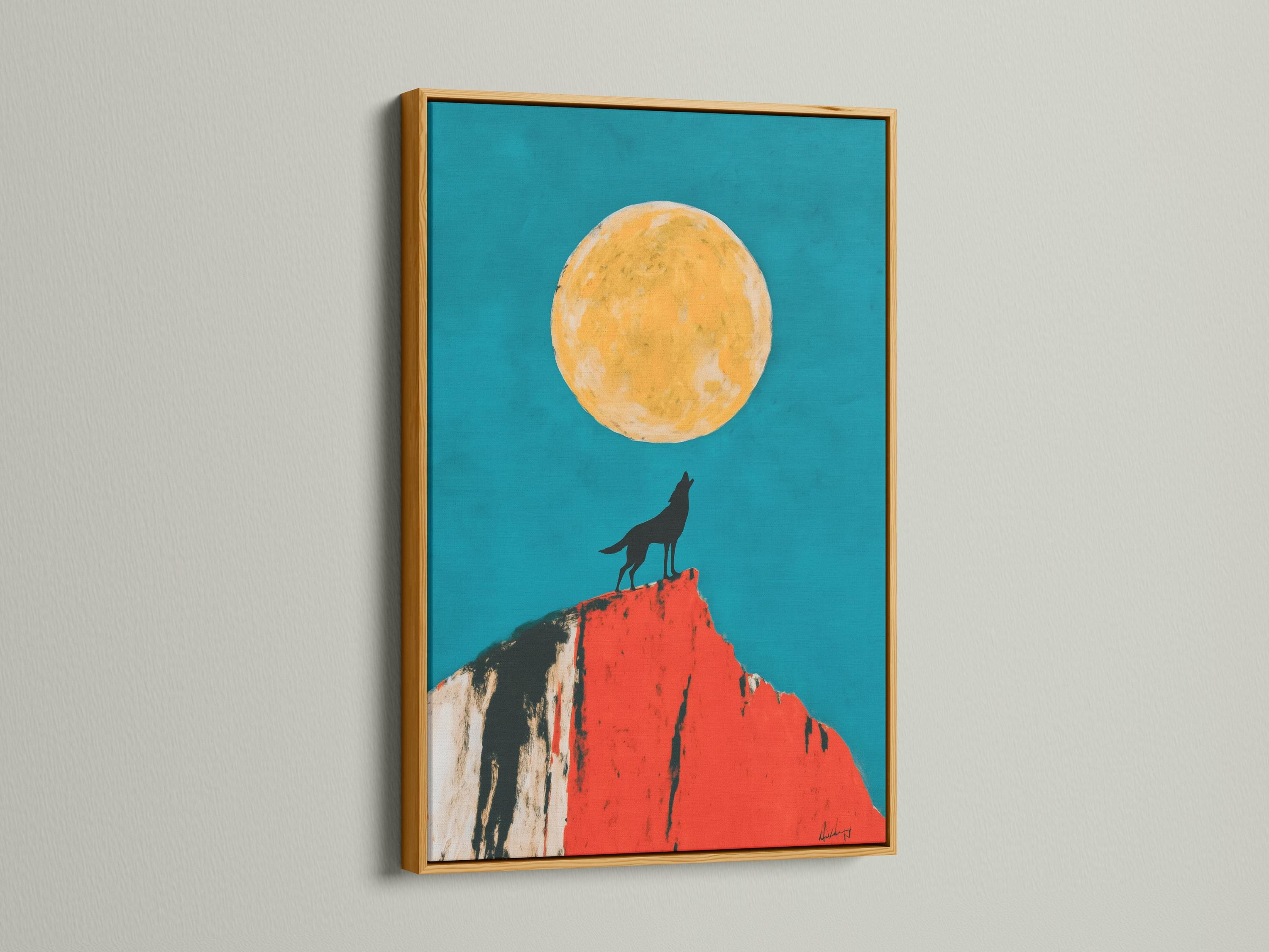 Mockup showing framed wolf moon artwork with a teal background, wolf silhouette and red cliff