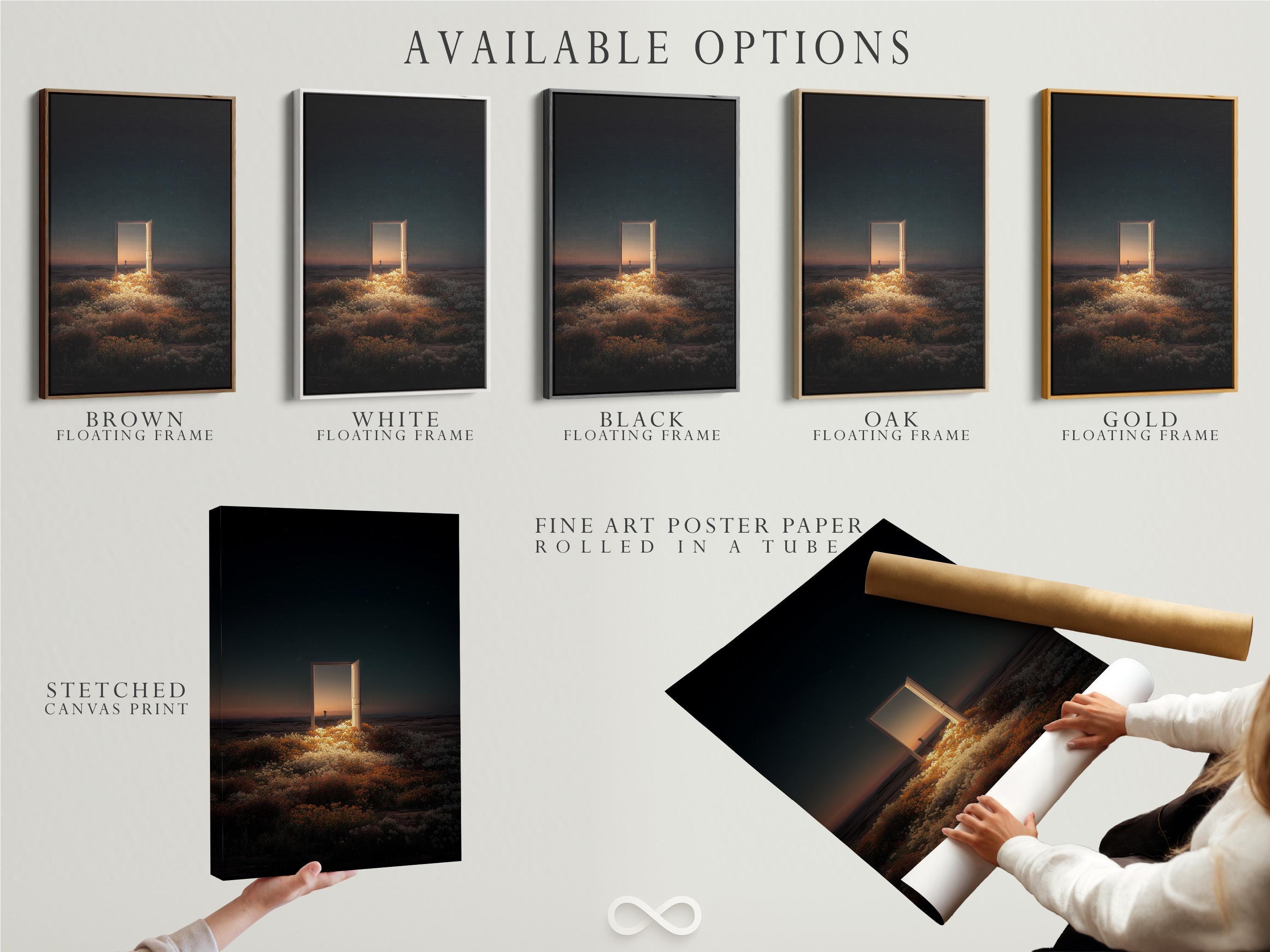 Room mockup showing a framed night seascape with a glowing doorway opening and starry sky