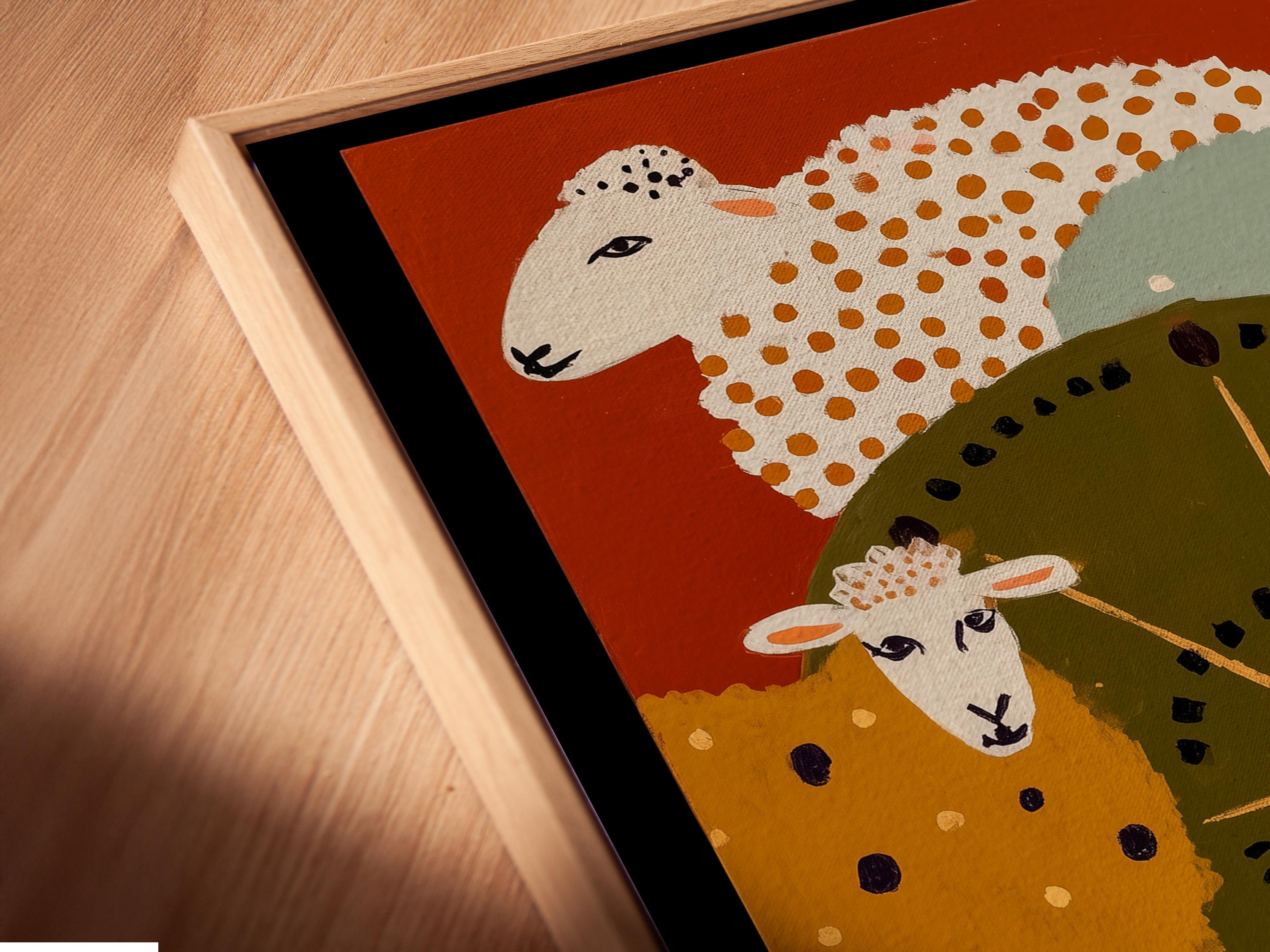 Colourful folk-style sheep illustration with a central wheel motif on a warm orange background detail view