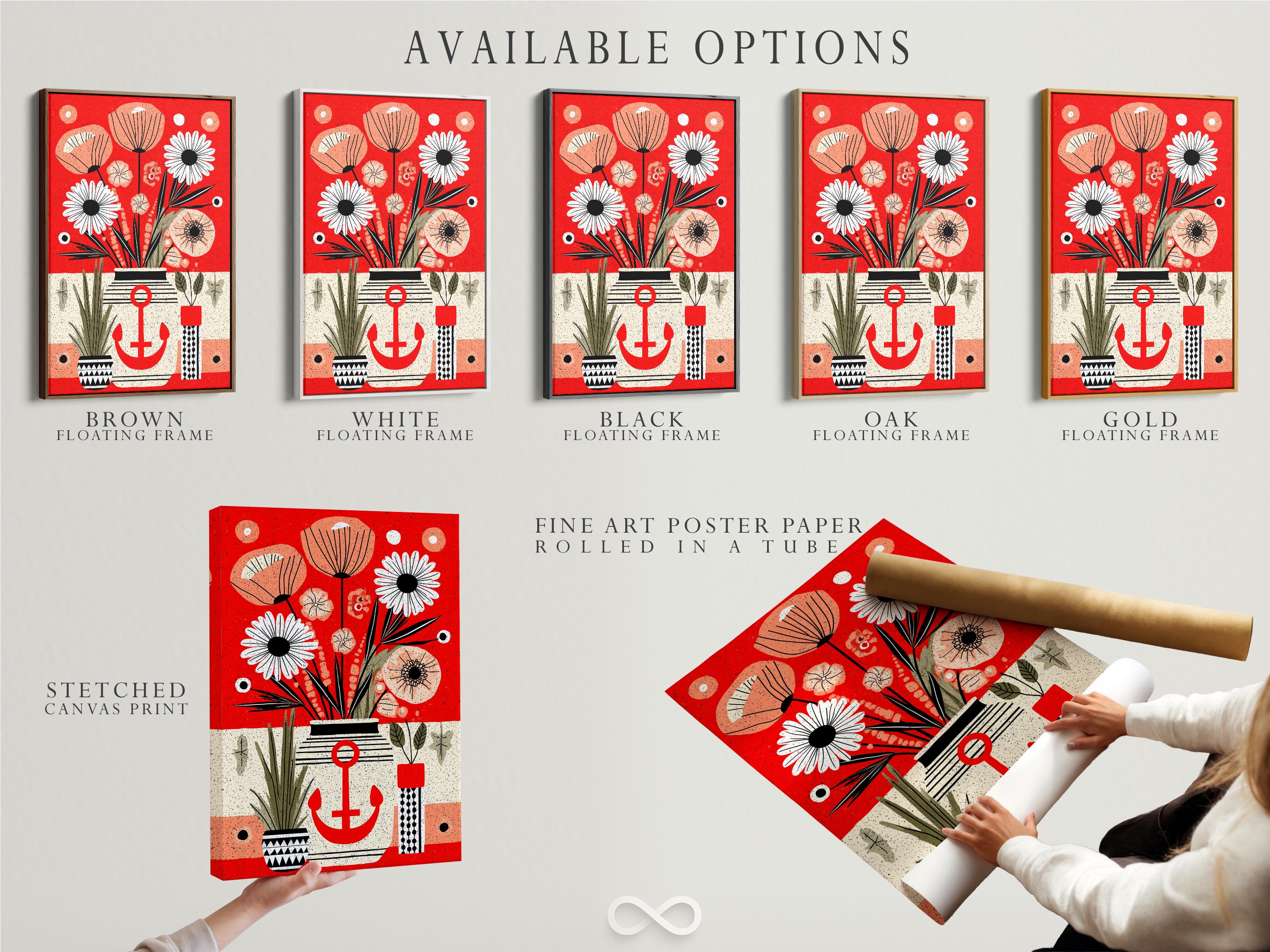 Woman looking at red anchor floral artwork in a modern room