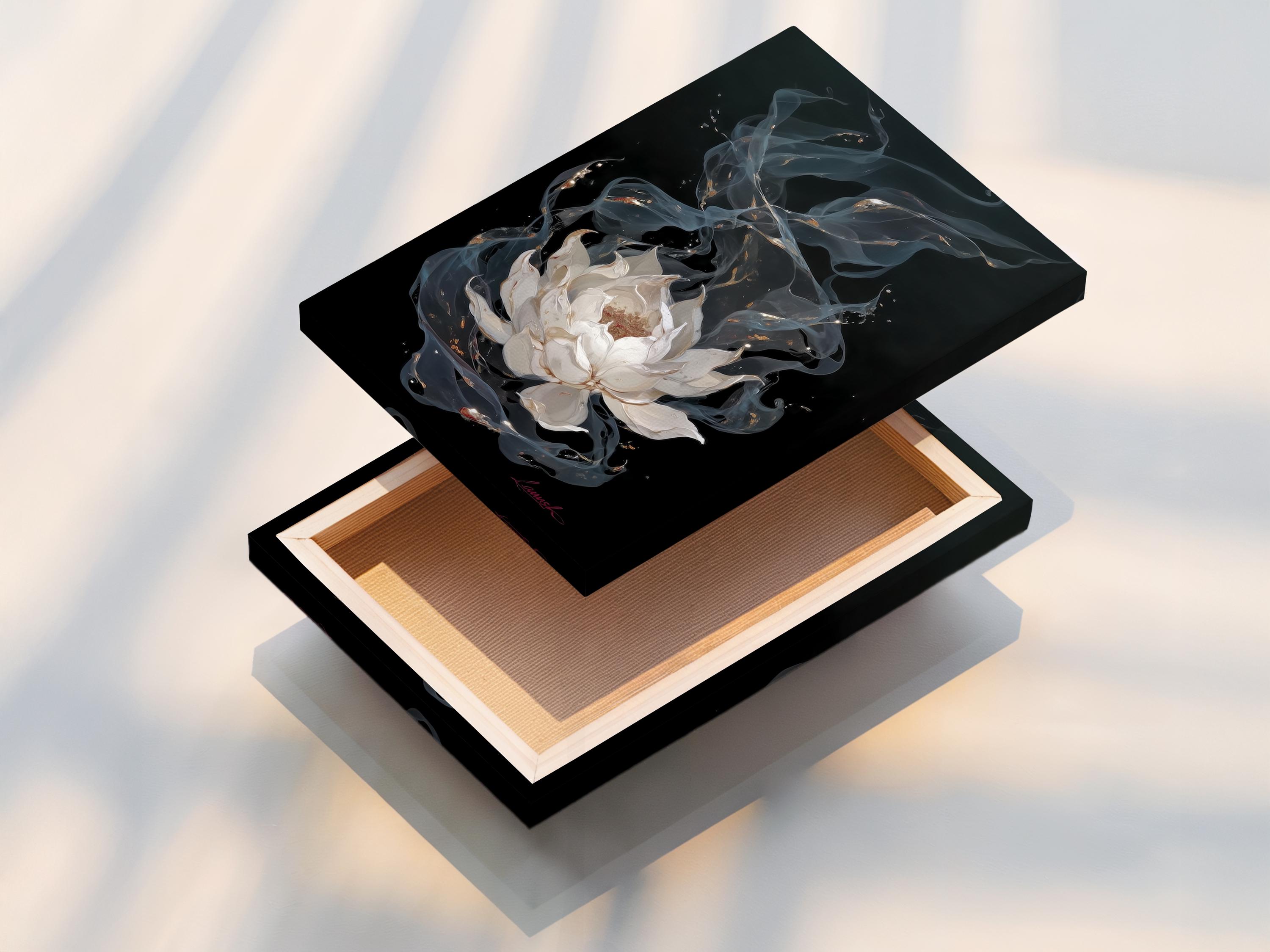 Painterly white lotus flower with swirling blue-grey petals and gold flecks on a dark background detail view