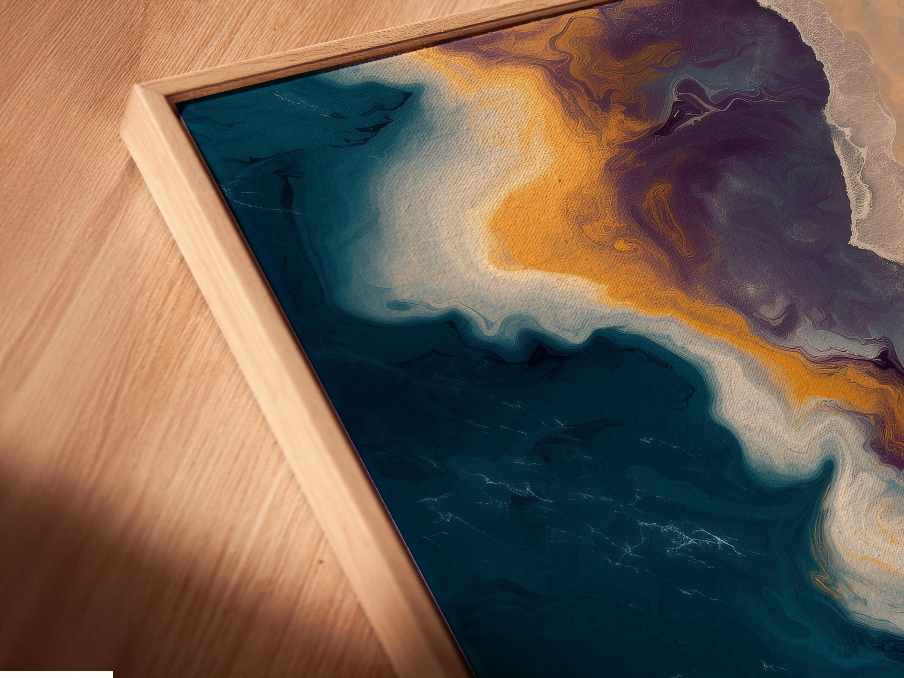 Room mockup showing an abstract seascape artwork with teal, gold and beige tones