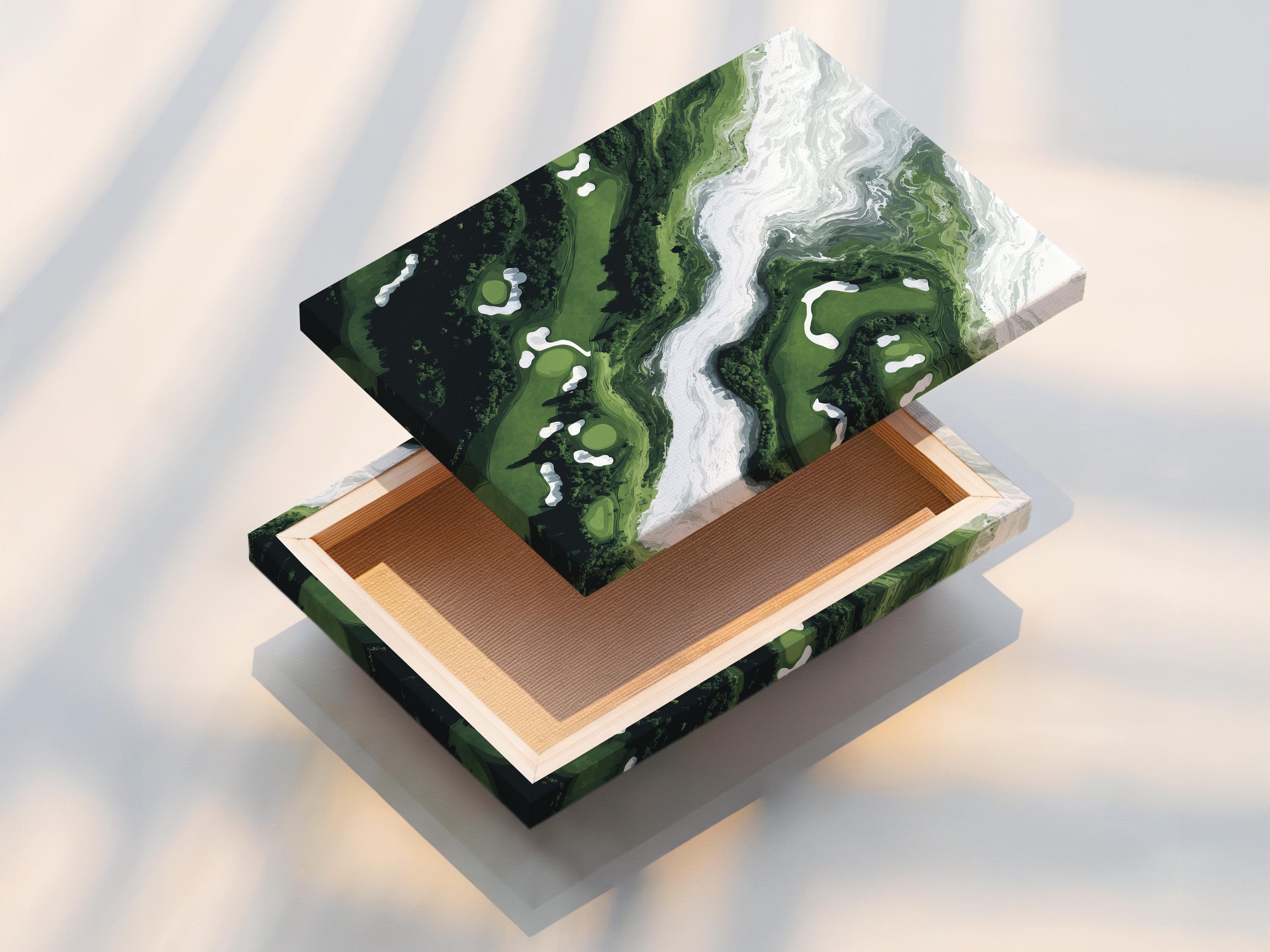 Green and white semi-abstract aerial landscape with a winding pale channel through layered terrain detail view