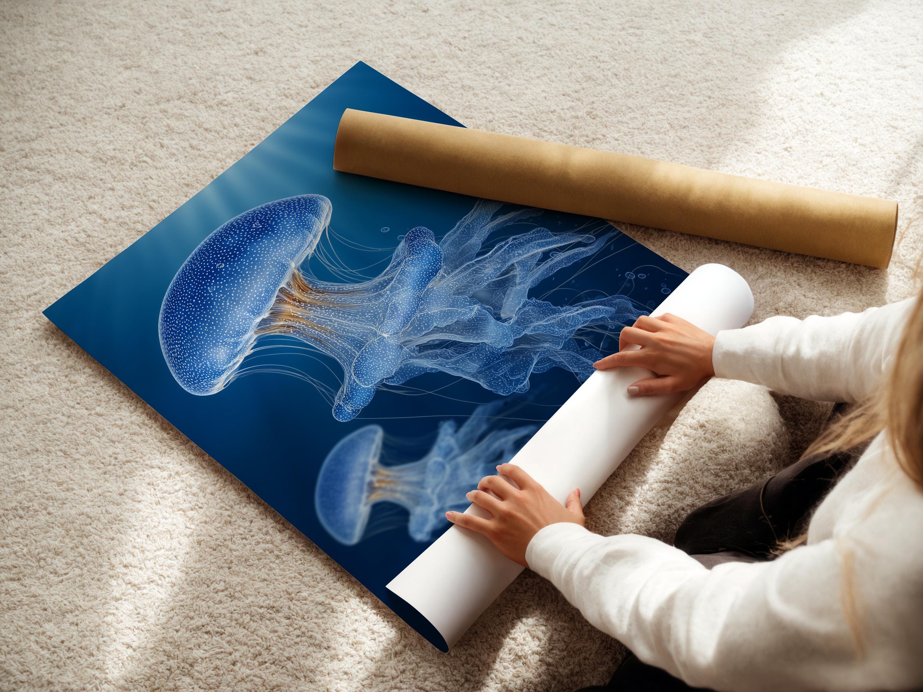 Wall mockup showing a blue jellyfish artwork in a framed display on a light wall