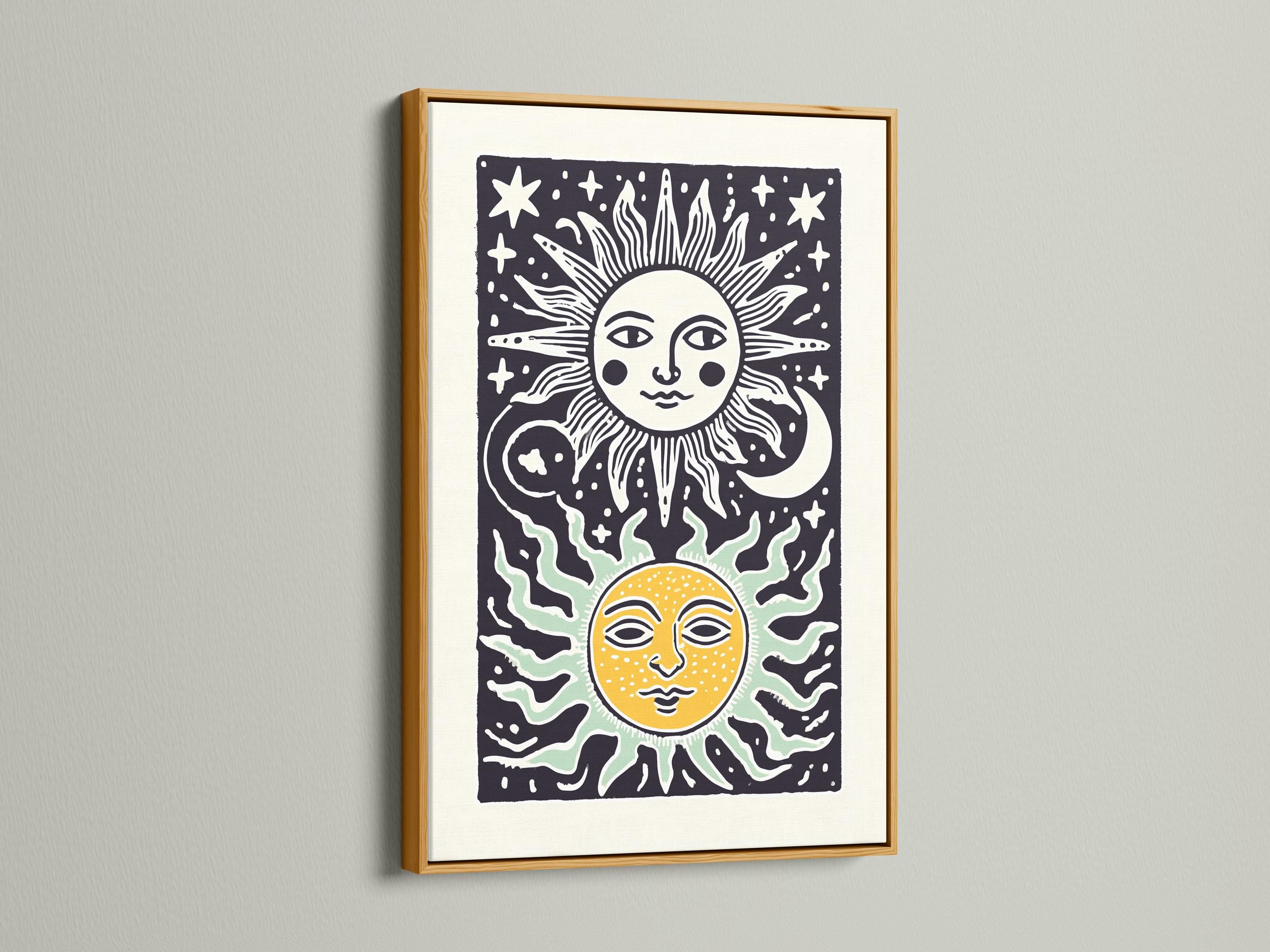 Room mockup showing framed sun and moon celestial artwork on a wall with decorative items nearby