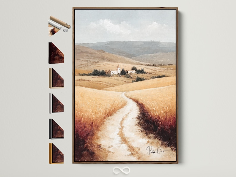 Painterly countryside landscape with a winding path, rolling hills and a small farmhouse with a bell tower