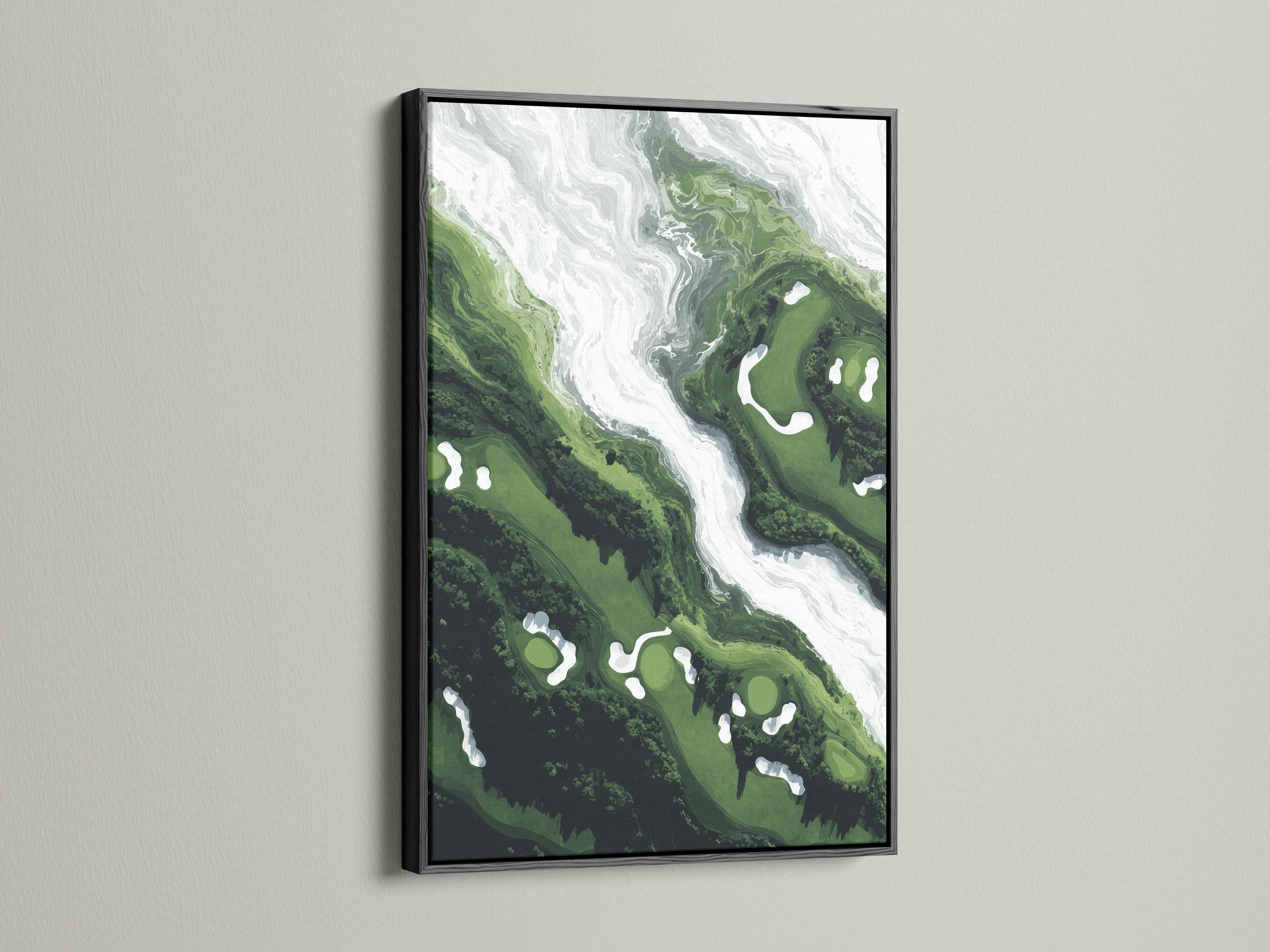 Green and white semi-abstract aerial landscape with a winding pale channel through layered terrain detail view
