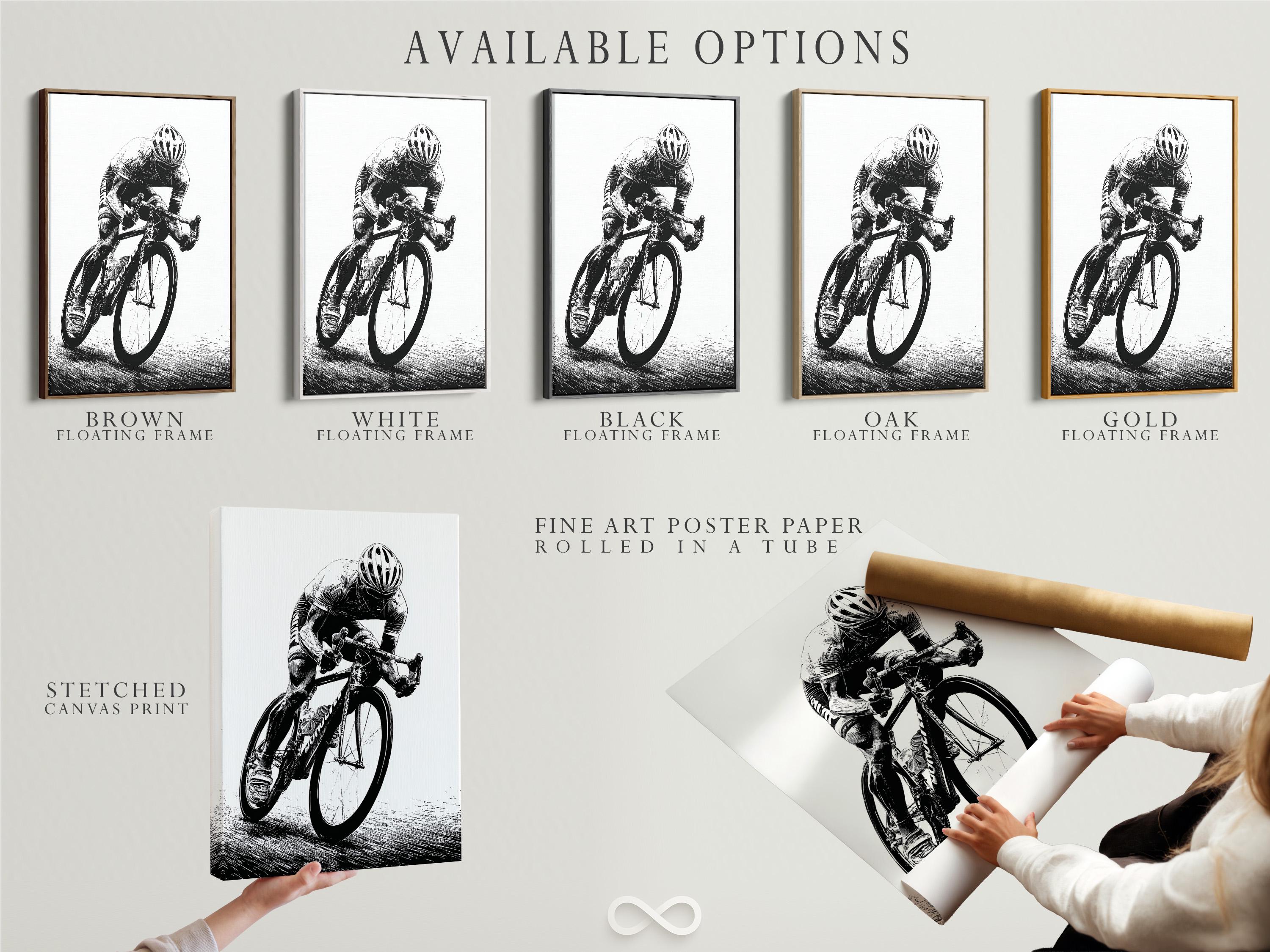 Room mockup showing a framed black and white cyclist illustration on a wall