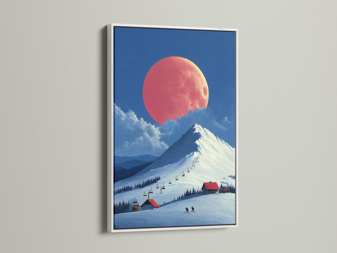 A snowy mountain landscape is shown under a large red-orange moon, with blue slopes, clouds, a ski lift line, and small skiers below detail view