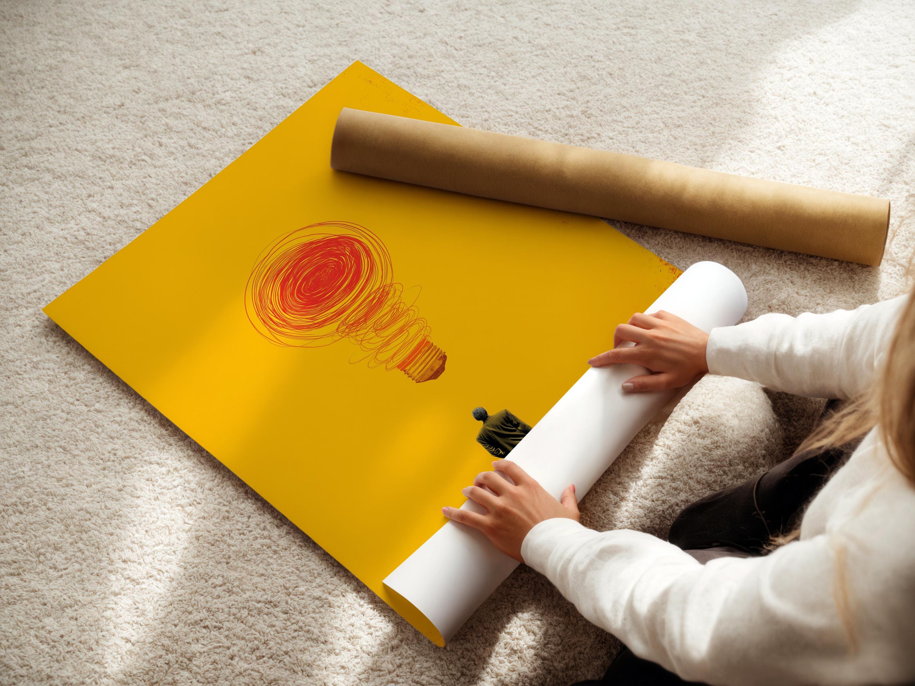 Red swirling lightbulb idea above a dark figure on a bright yellow background detail view