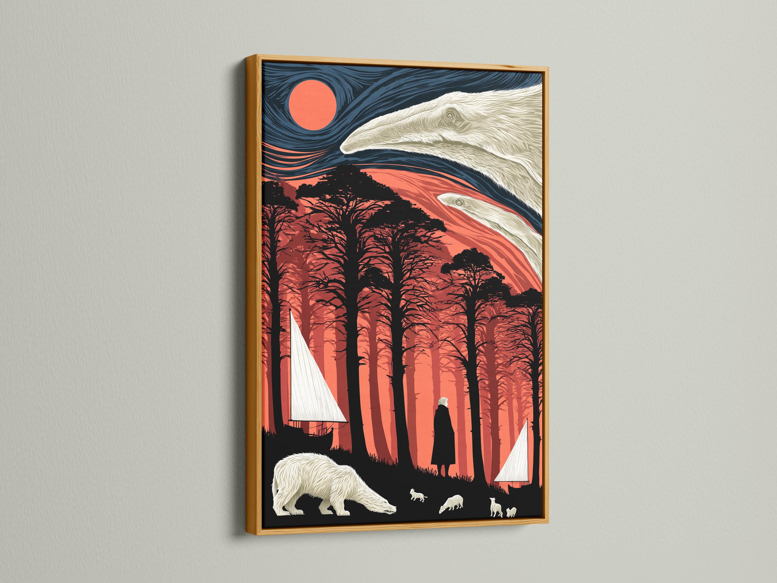Stylised polar bear scene with a red sun, dark forest silhouettes, pale animals and a sailboat detail view