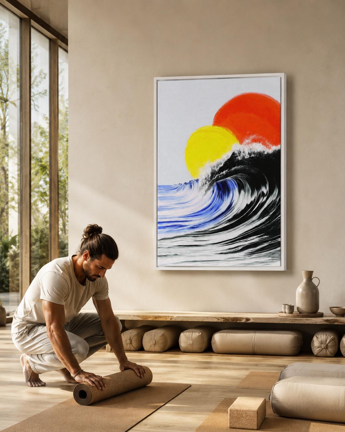 Room mockup showing a framed abstract ocean artwork on a wall near an open window and lounge area