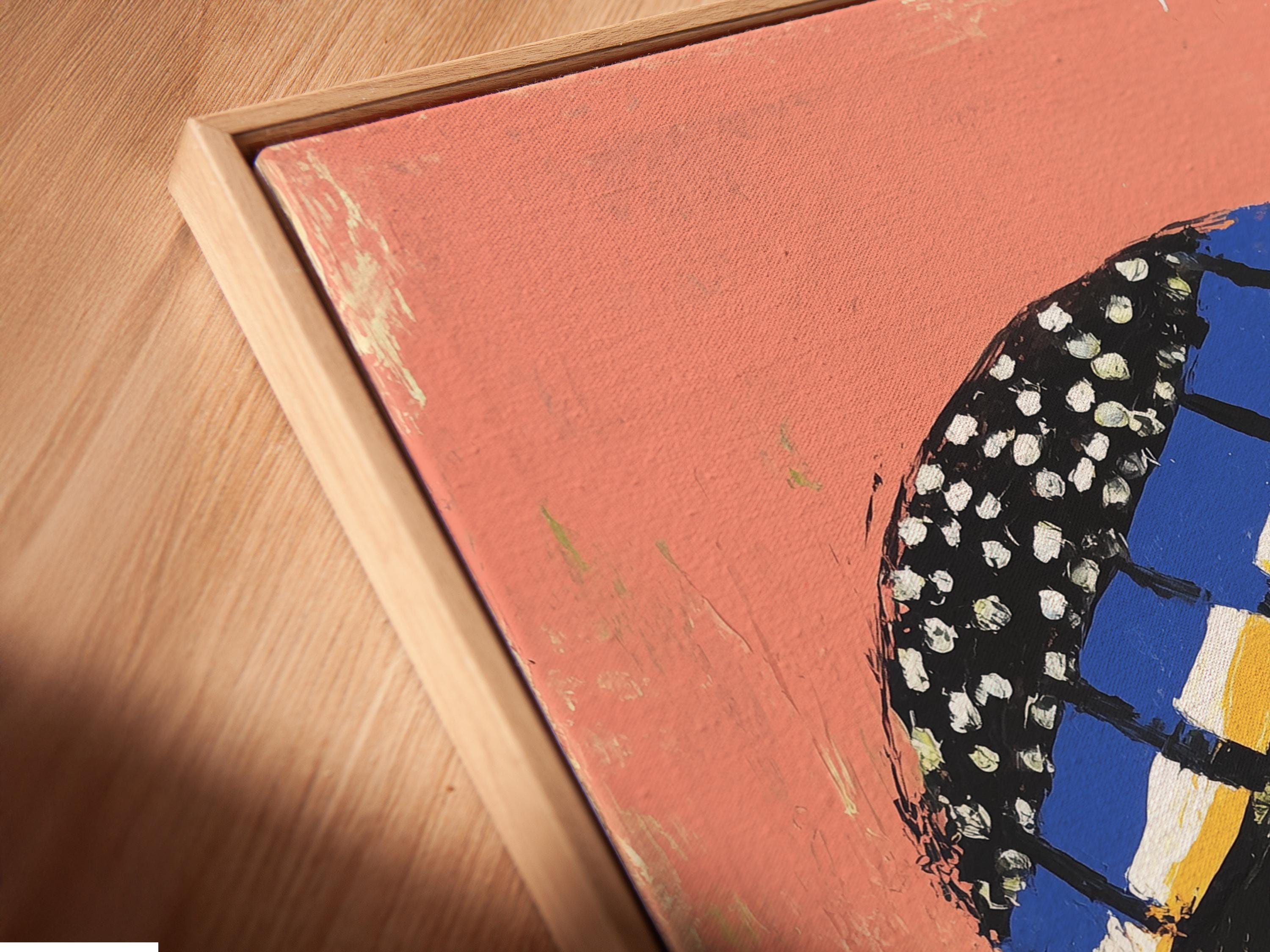 Cartoon turtle skateboarding on a black and white checkered ground against a coral background detail view