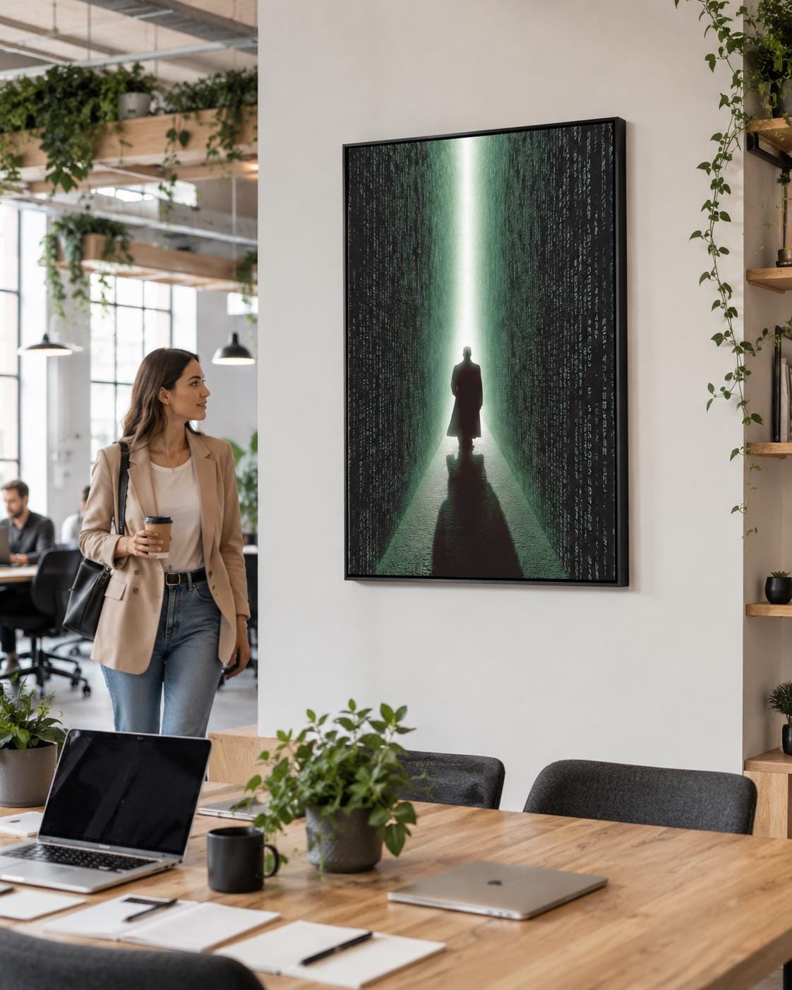 Room scene showing neon green cyberpunk corridor artwork with code-like characters