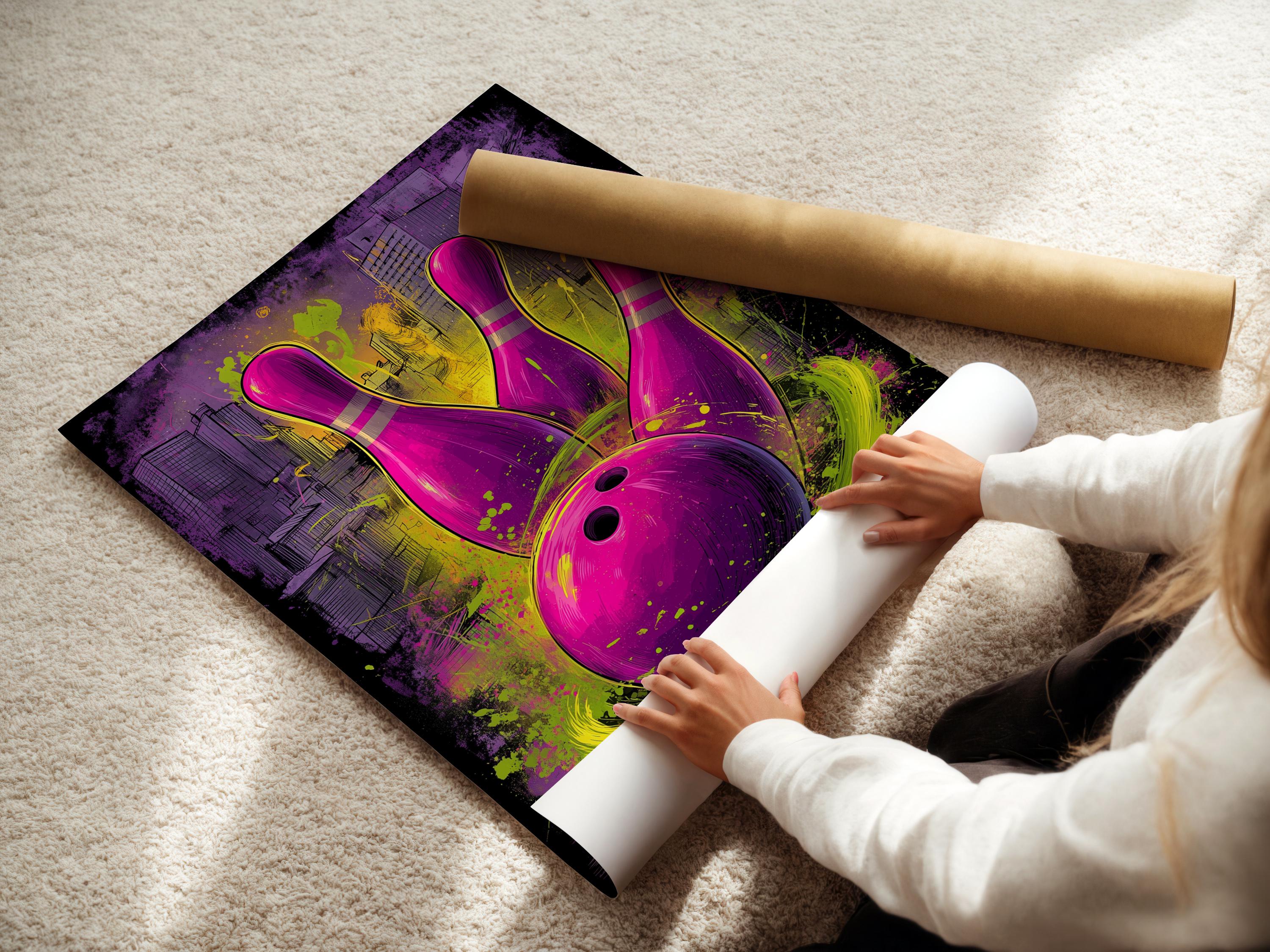Neon purple bowling pins and ball with lime-green graffiti splashes over a city skyline detail view
