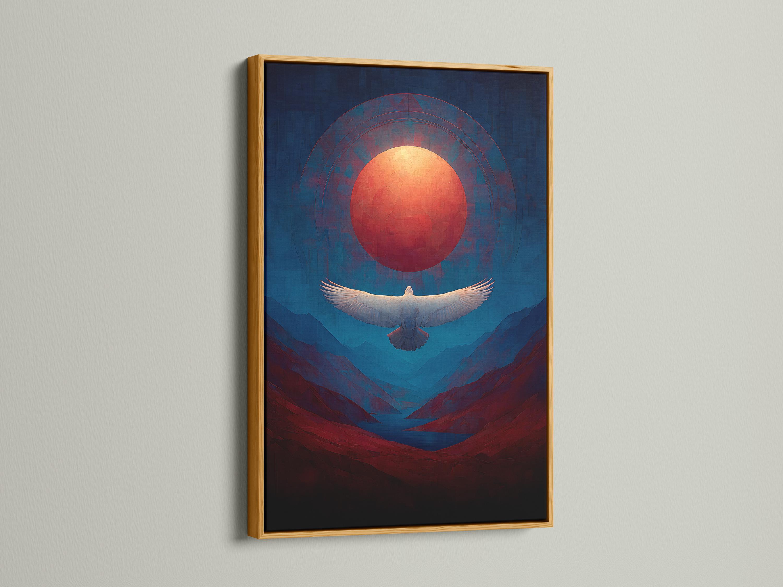 Artwork mockup showing a framed eagle over a blue and red mountain landscape with a glowing red sun