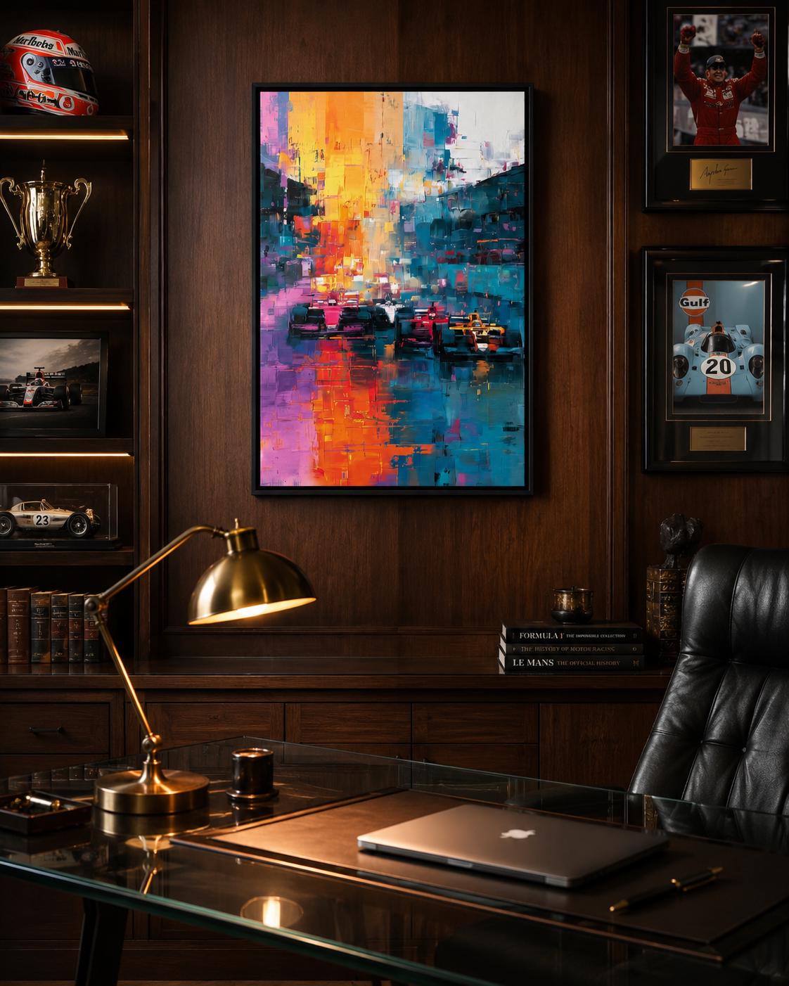 Room mockup with a large framed abstract cityscape artwork above a seating area