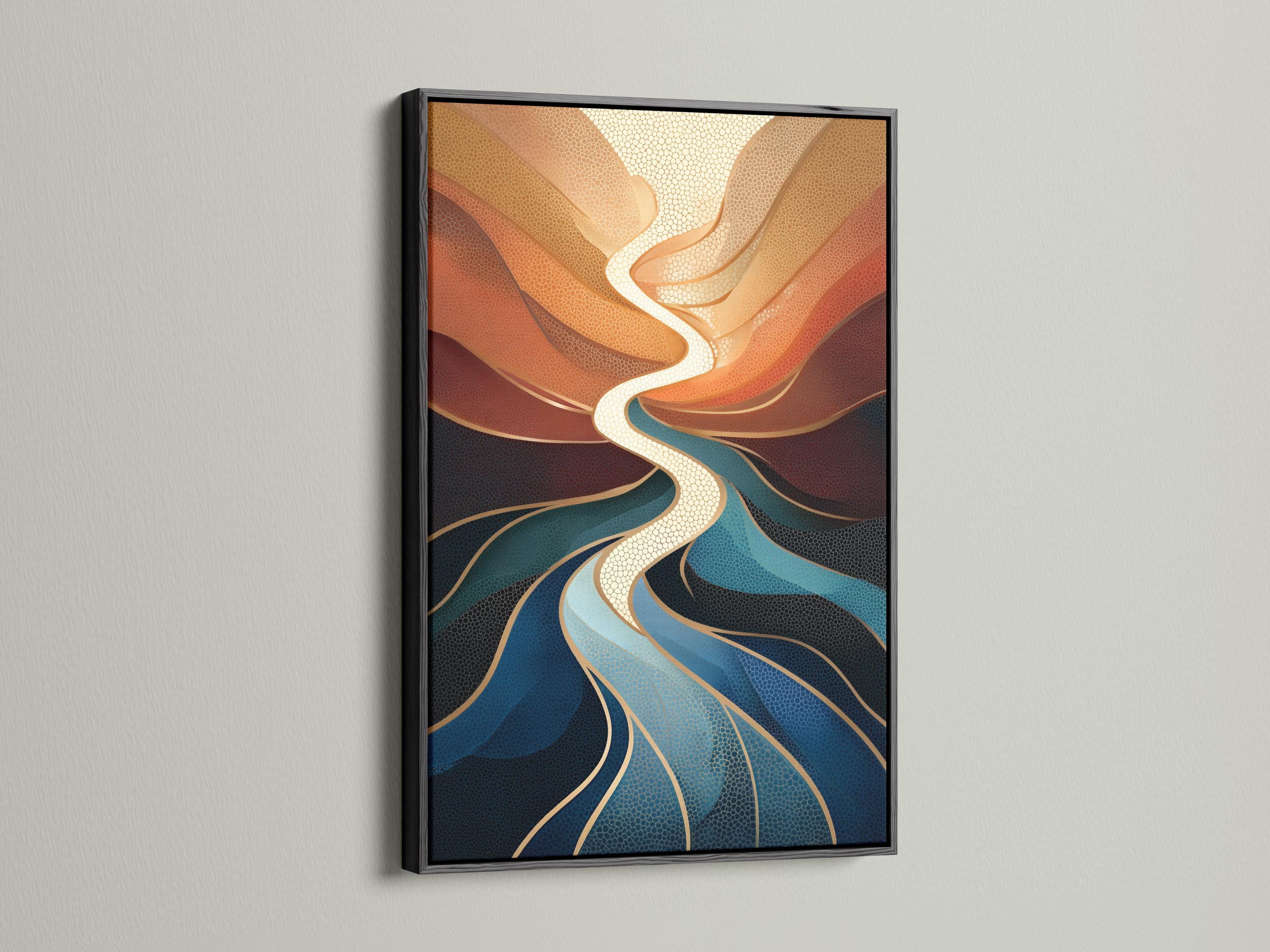 Abstract river design with swirling cream lines, terracotta and deep blue textured shapes detail view