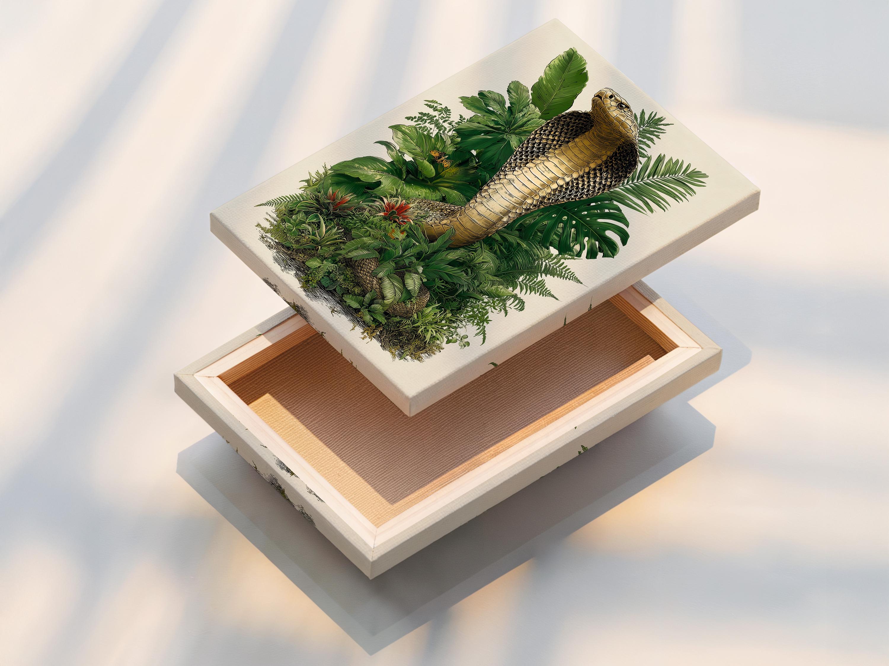 Coiled snake with patterned scales surrounded by dense green jungle leaves and small red flower accents detail view