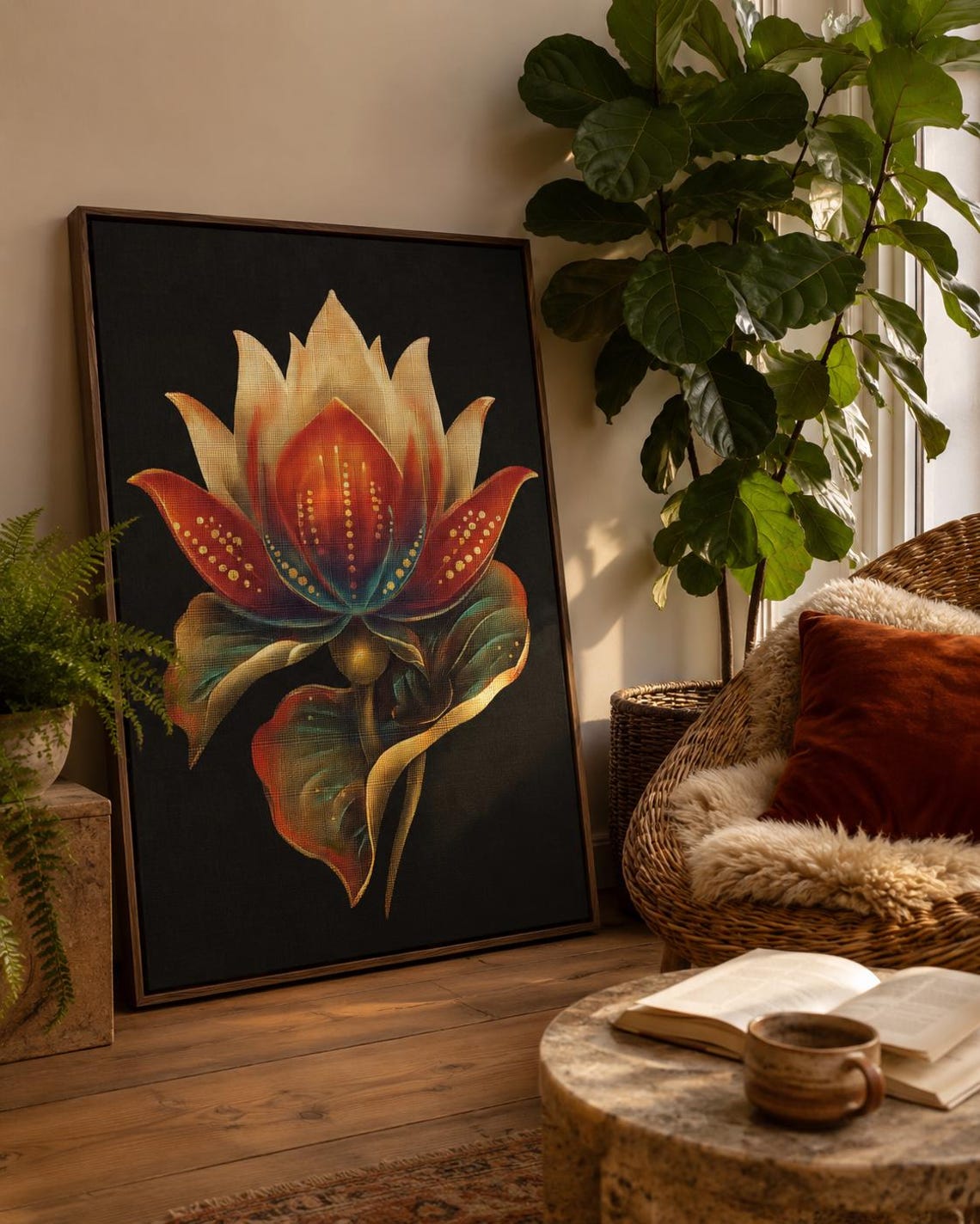 Person in a beige outfit standing beside a plant, with a lotus flower framed artwork above a wooden bench