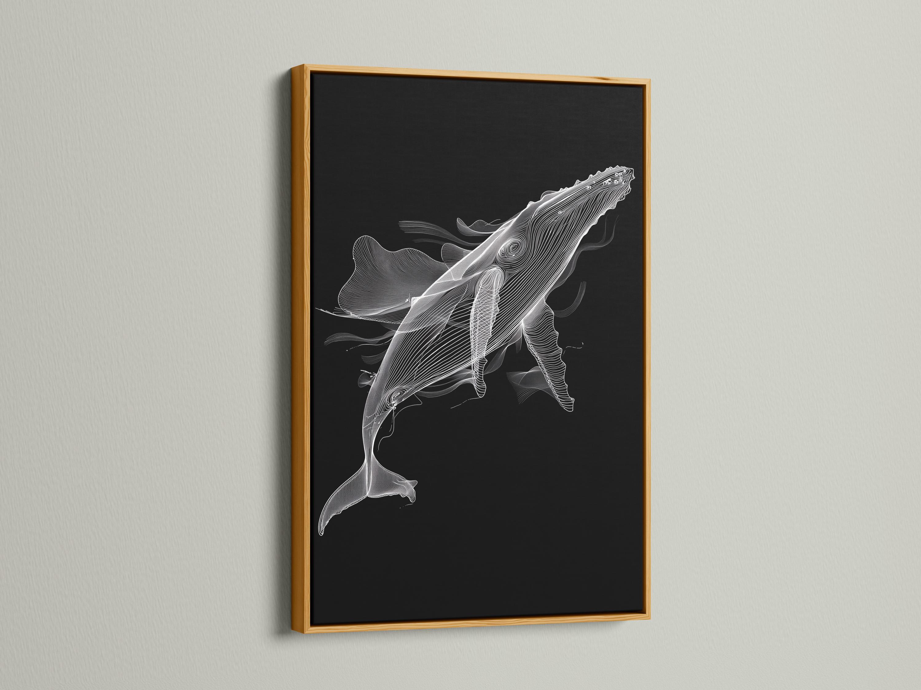 White line-art whale illustration on a dark black background detail view