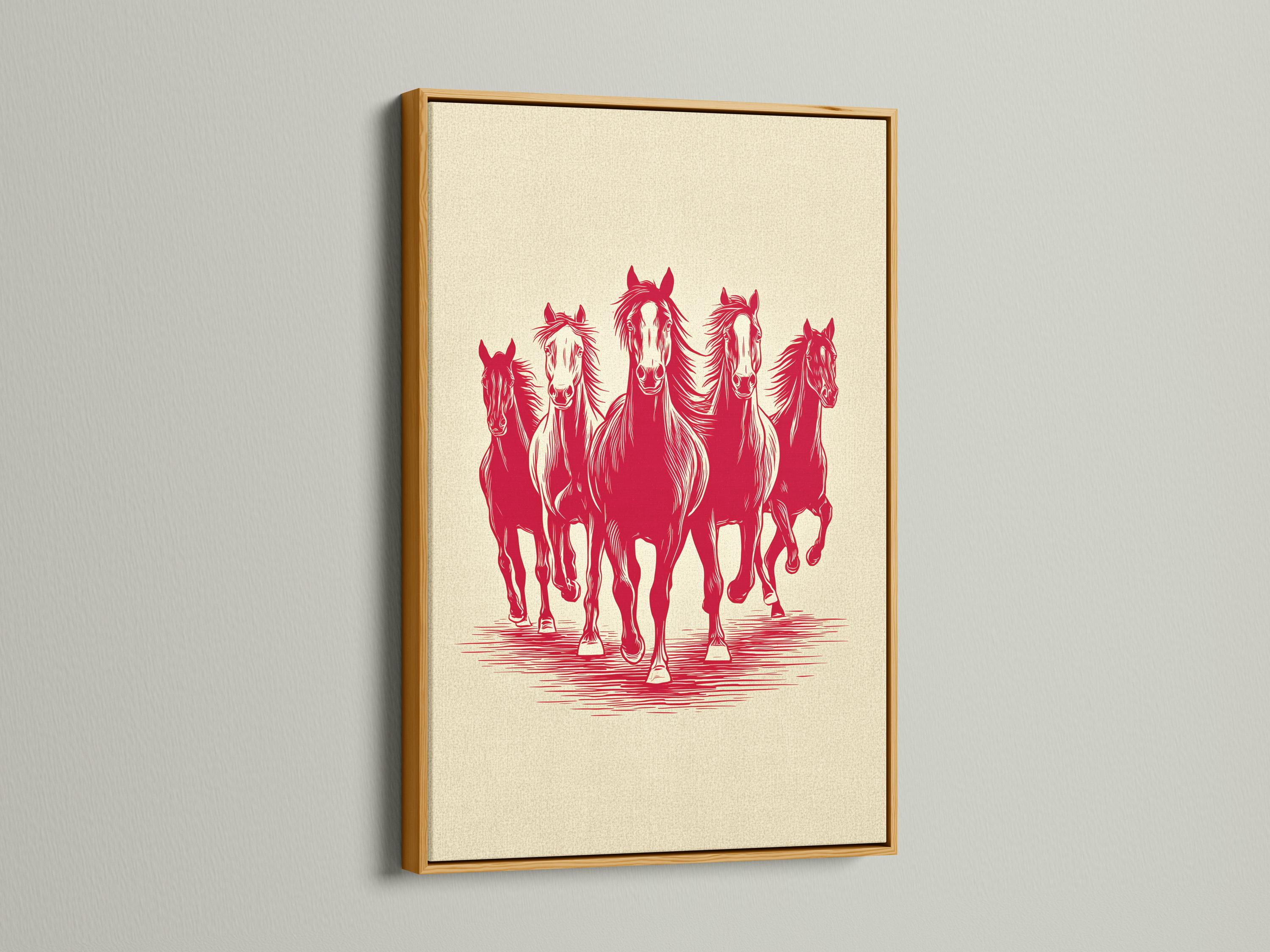 Red silhouette of four running horses on a cream background with striped ground detail view