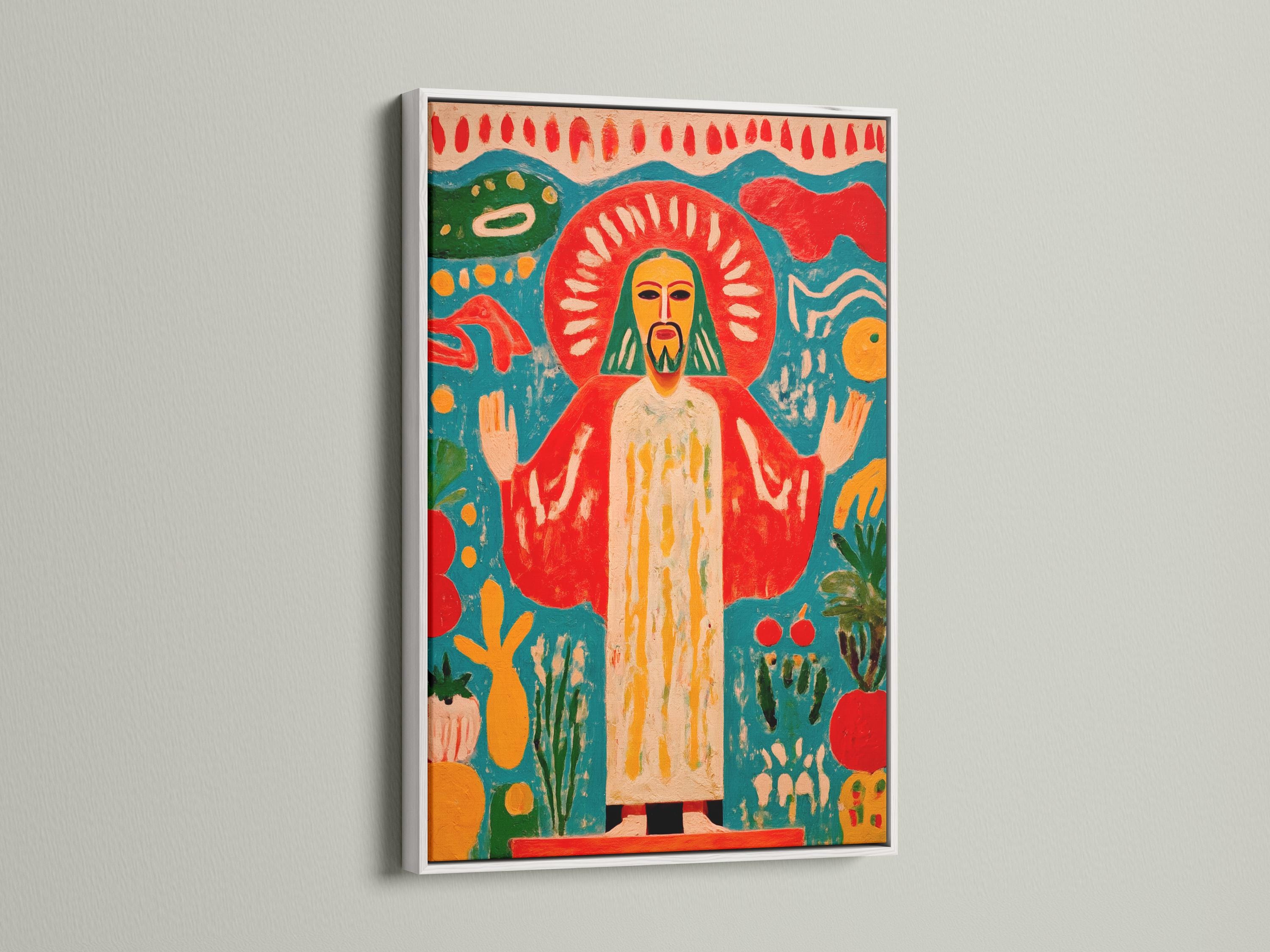 Religious sacred figure artwork displayed above a decorative console in a living room