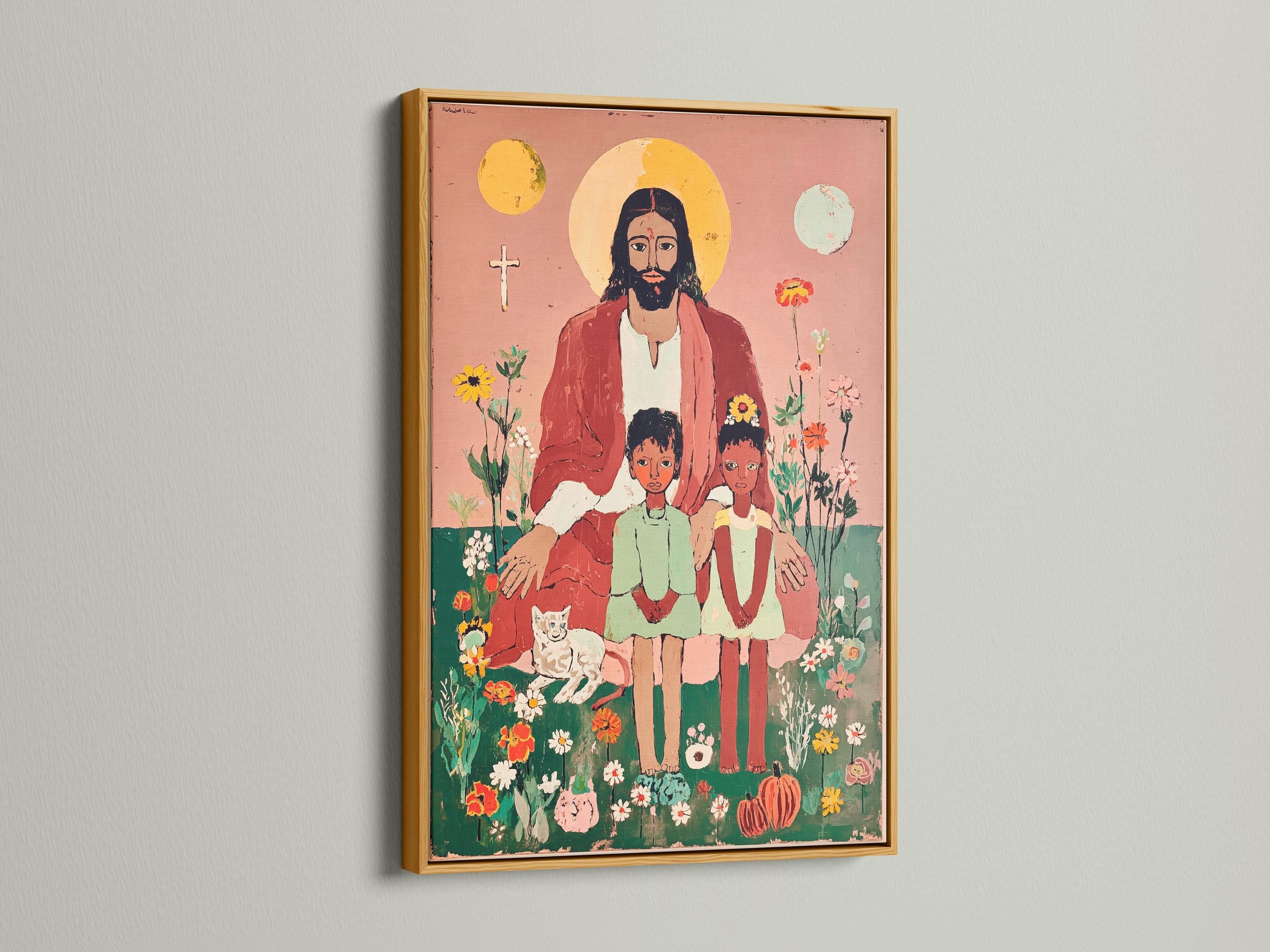Folk-art illustration of Jesus with a pale halo, two children, and many flowers on a dusty pink background detail view