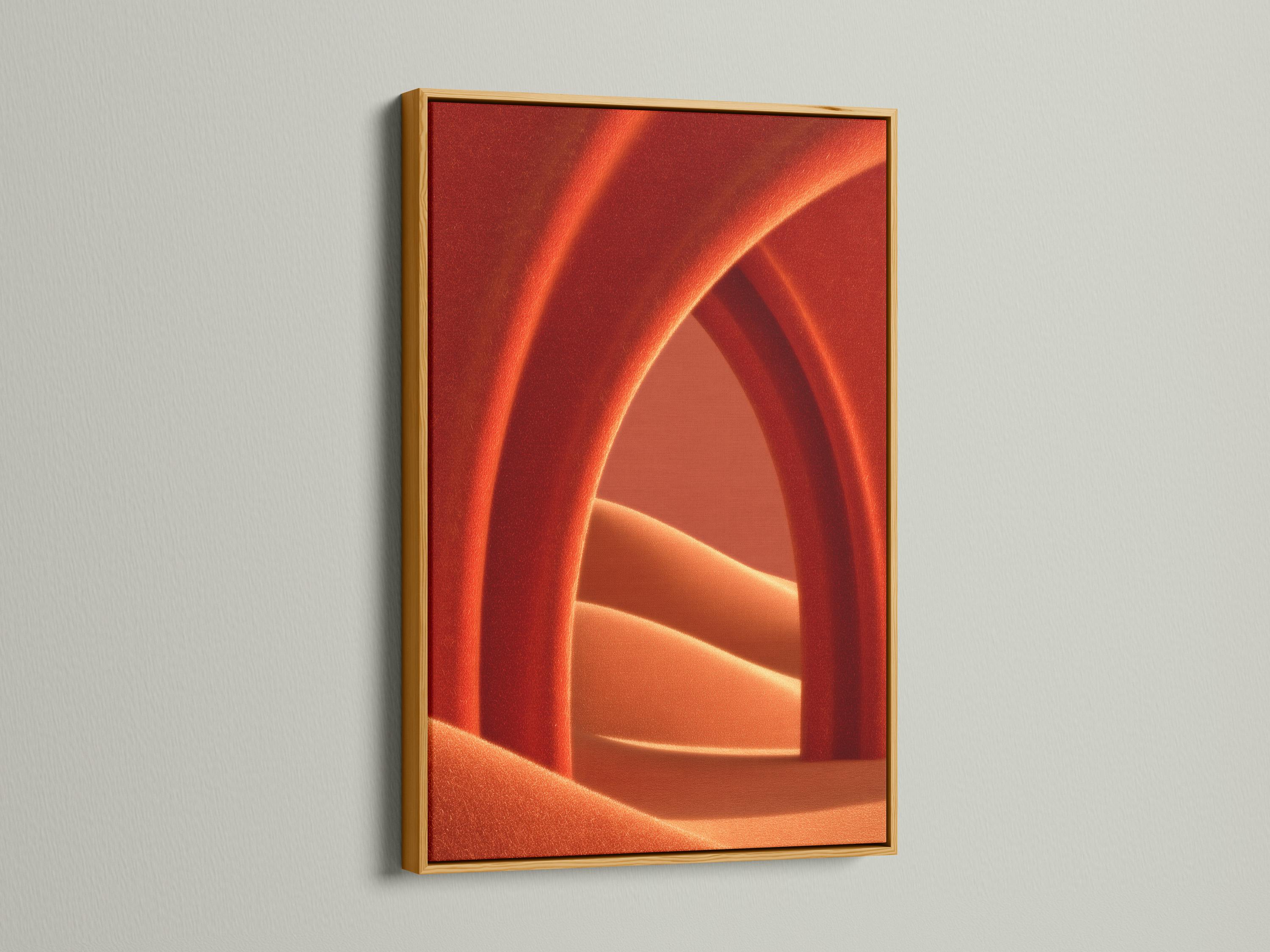 Warm burnt orange abstract arch with copper glow and deep red geometric shadows detail view