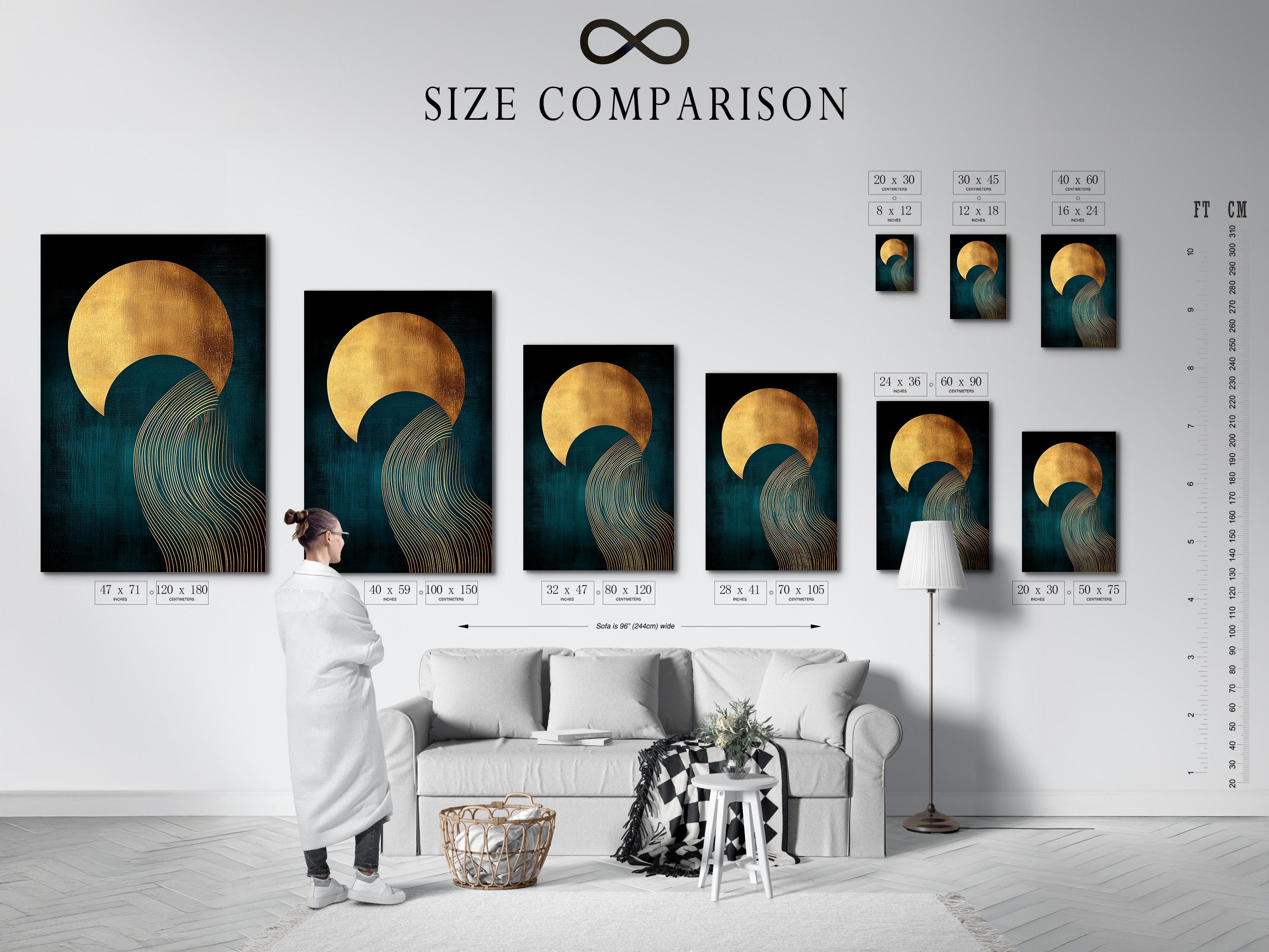 Abstract teal and gold artwork with a large sun-like circle and curved wave line pattern detail view
