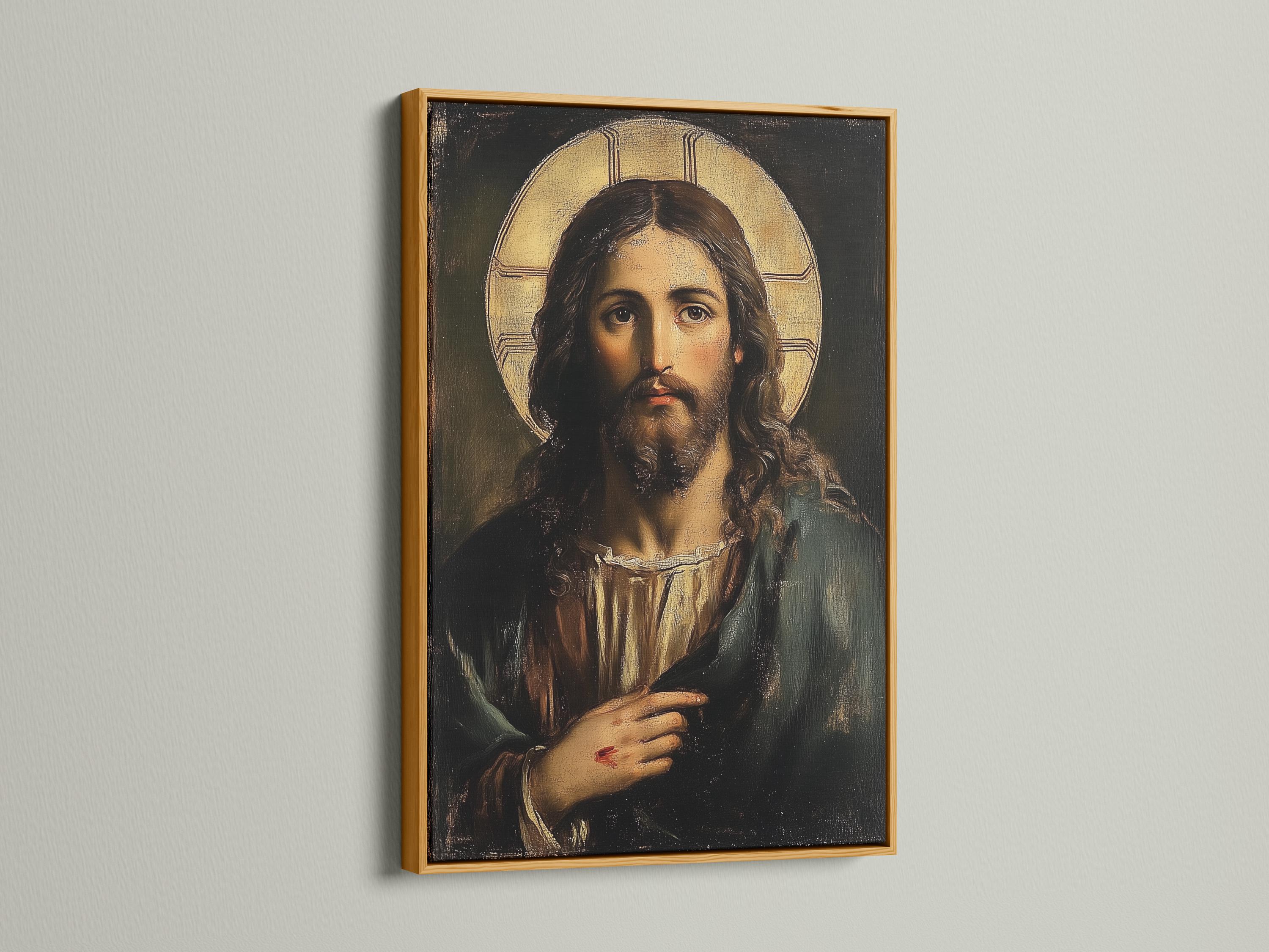 Jesus portrait with long dark hair and a glowing gold halo detail view