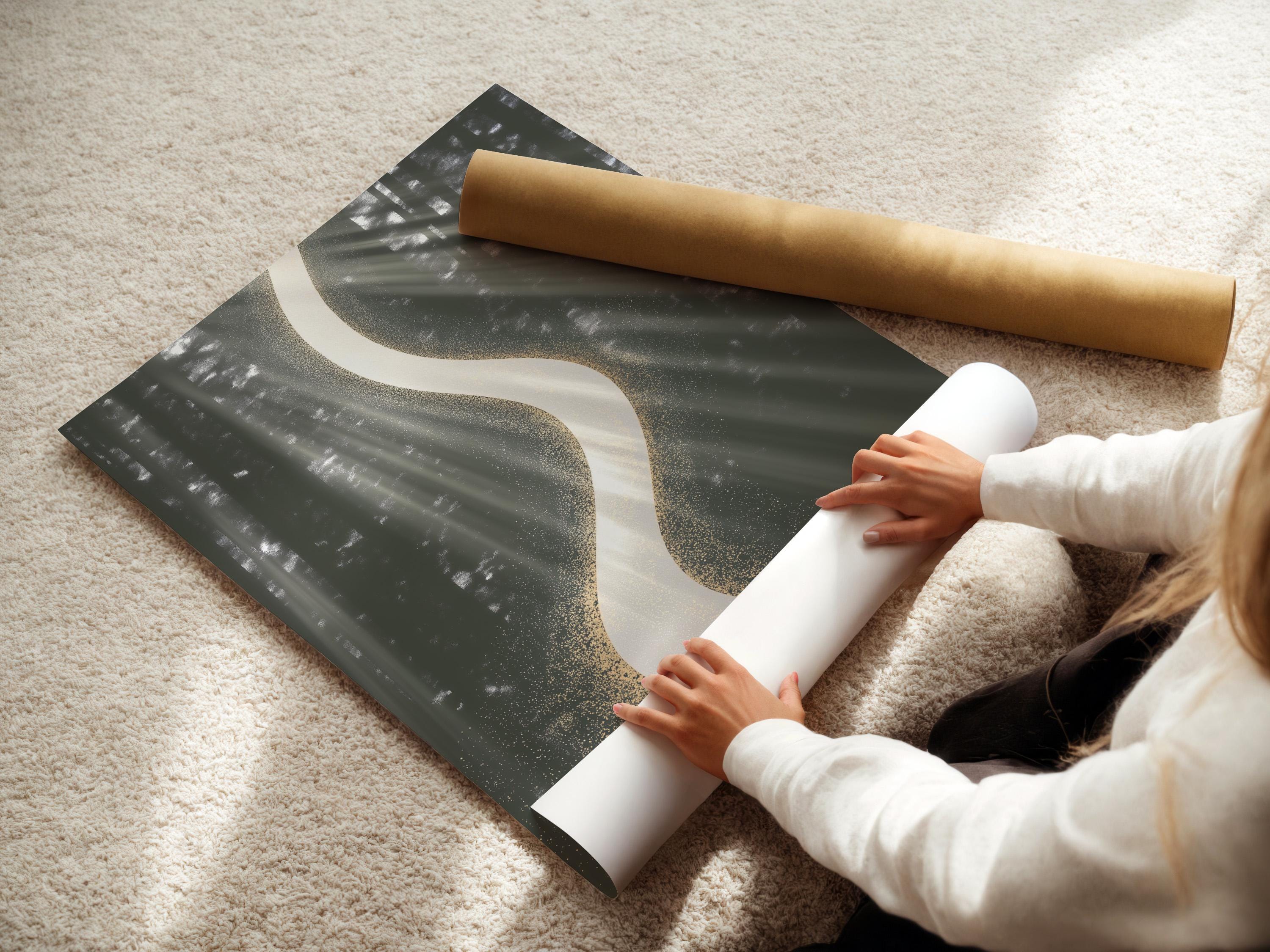 Abstract charcoal grey forest background with a large white curved ribbon and gold speckles detail view