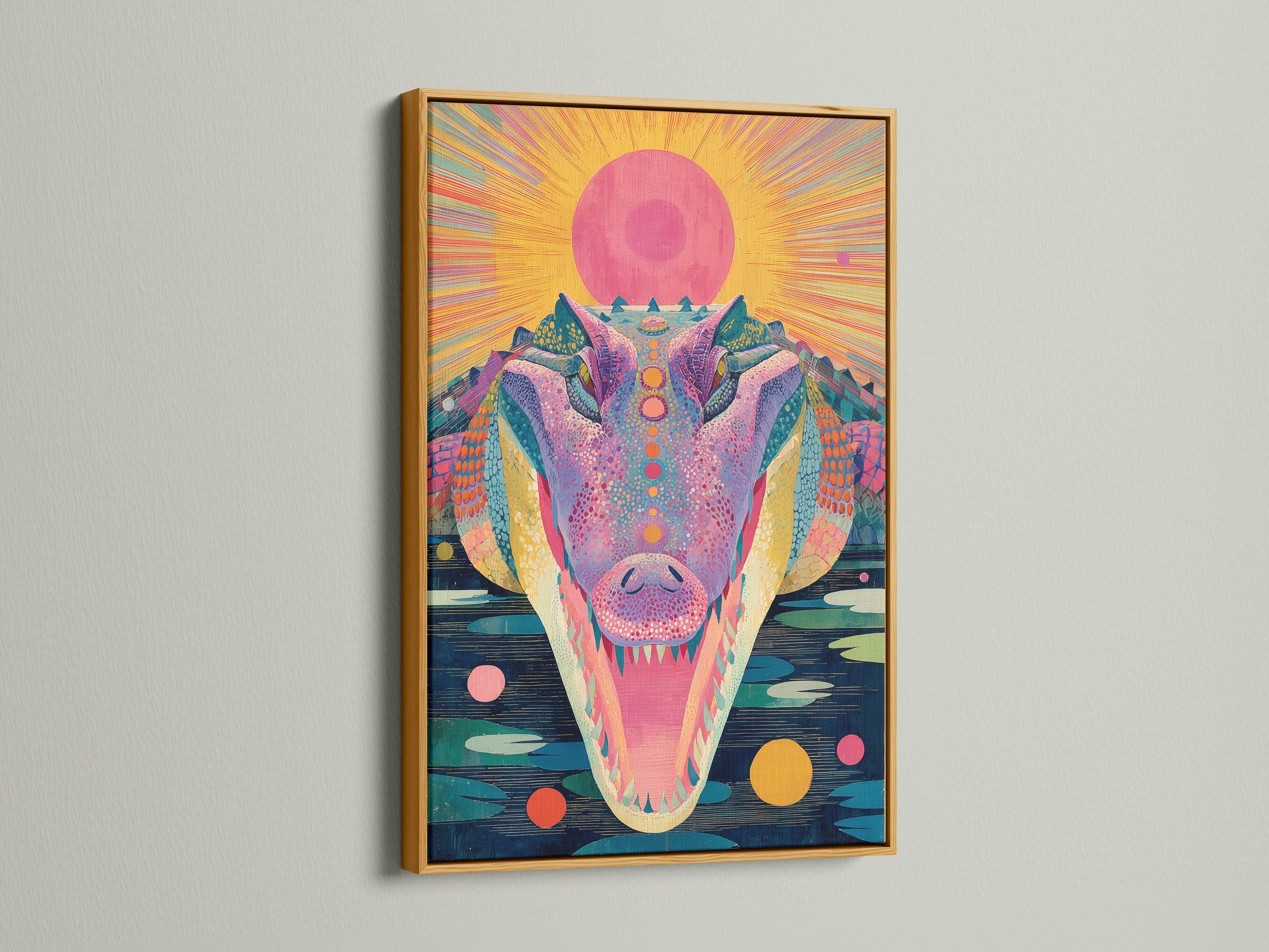 Stylised alligator portrait with a large pink sunburst, bright pink and teal scales, and dark blue water strokes detail view