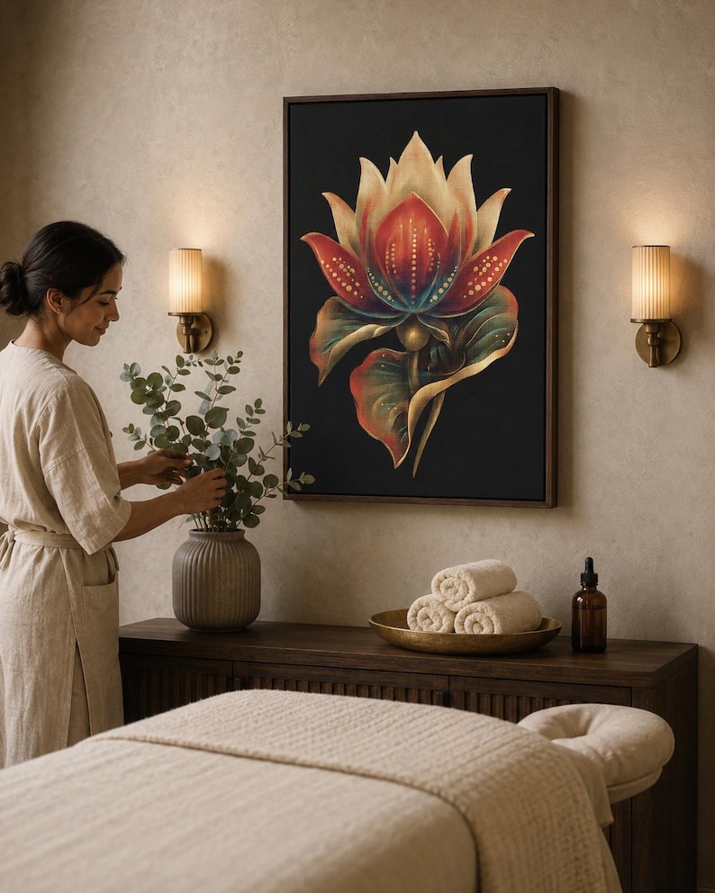 Lotus flower illustration with coral and teal petals and gold dot accents on a dark background