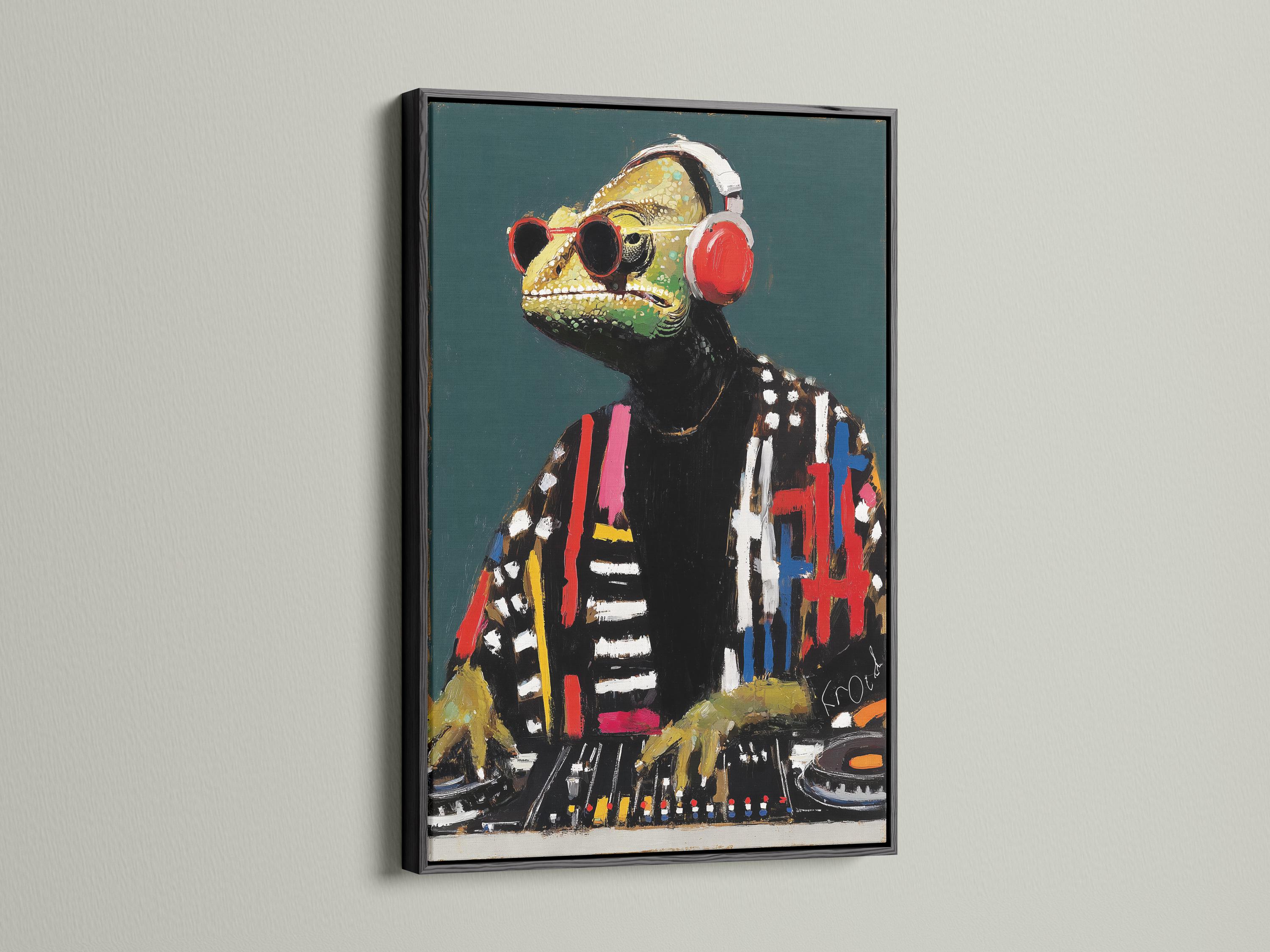 Stylised reptile character wearing oversized red headphones with vivid paint strokes detail view
