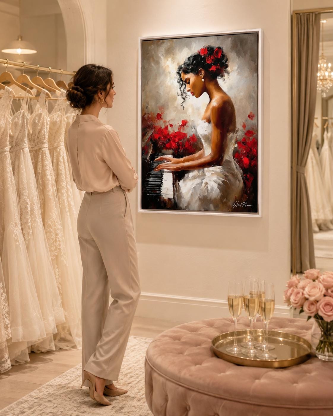 A framed artwork of a woman playing a piano with red flowers displayed in a room