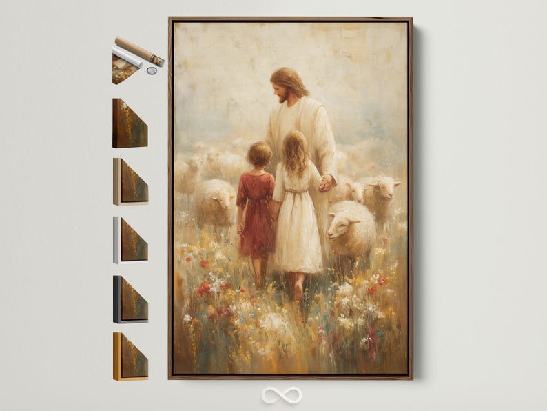 Painterly religious scene of a robed adult with two children and a white sheep in a flower field