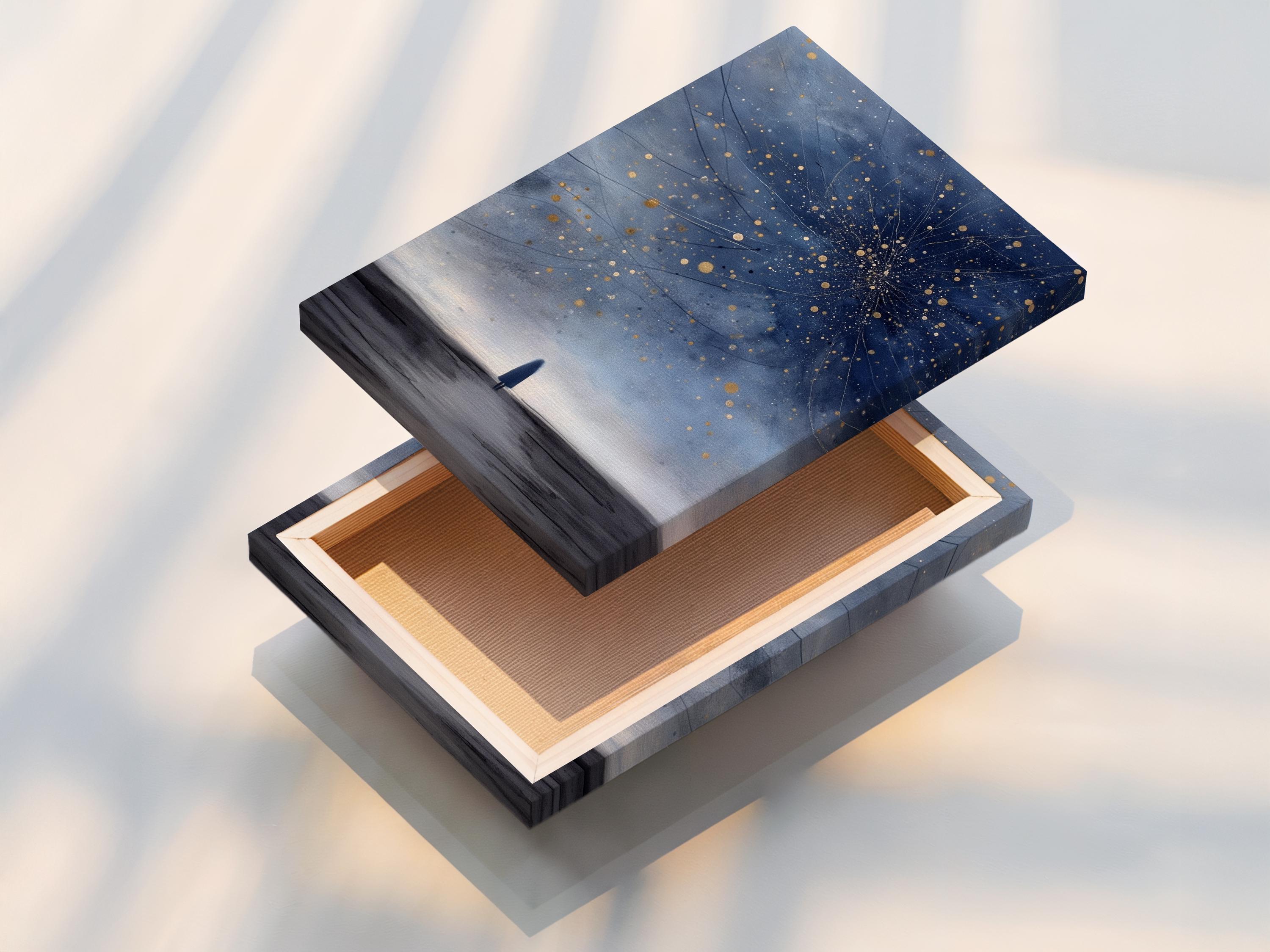 Room mockup showing framed navy blue starry night artwork with golden star dots and cosmic lines