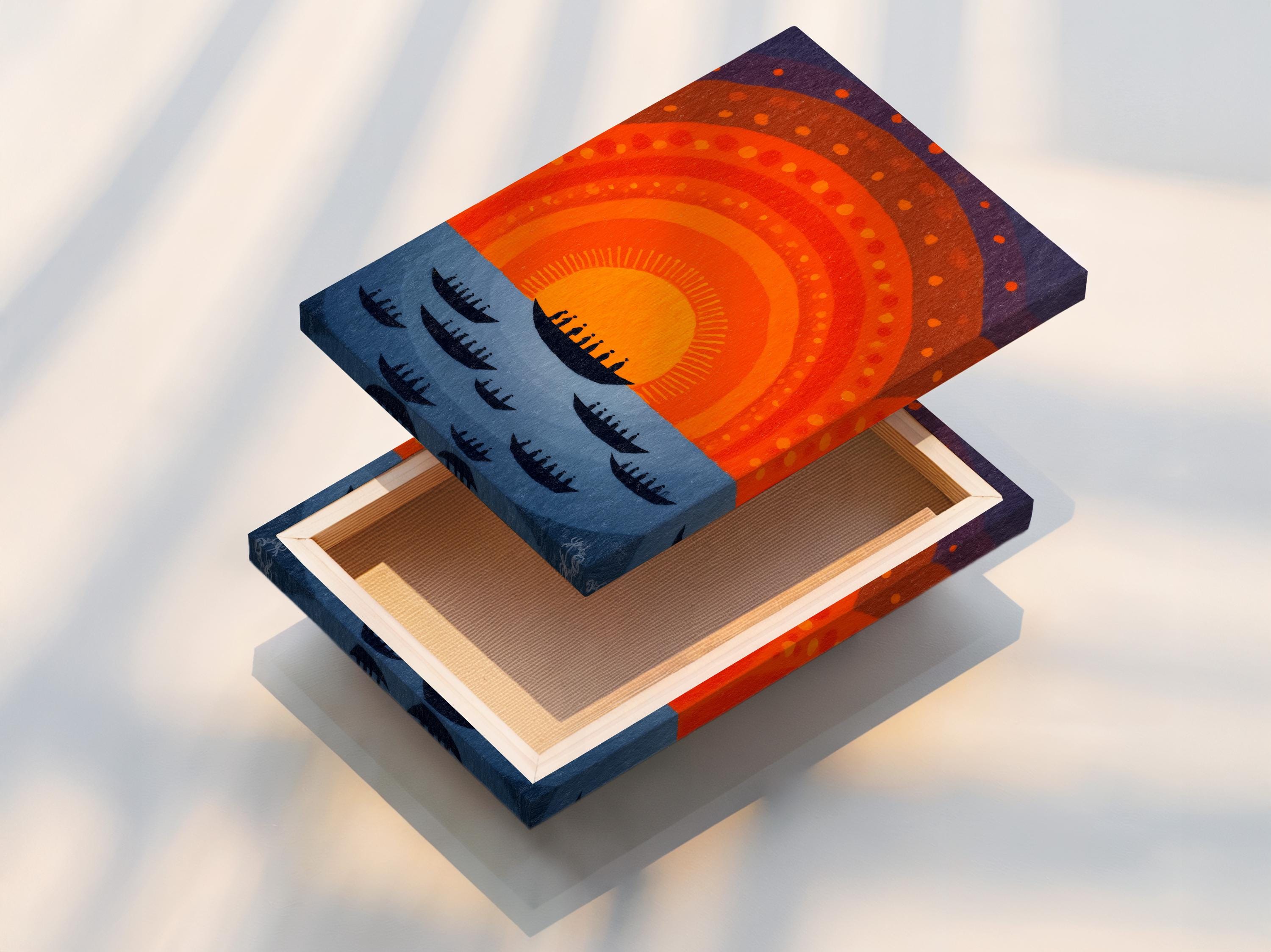 Abstract boats and sunset arcs in orange and navy with a purple dotted sky detail view