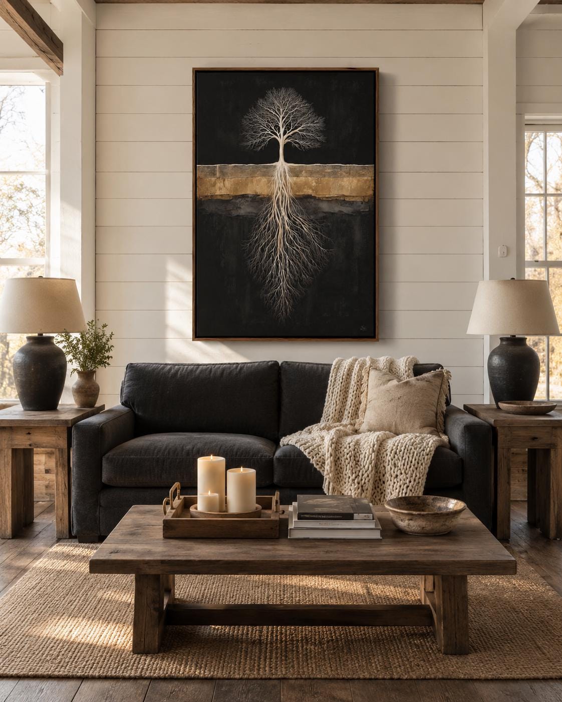Room mockup with a person reading and a dark tree roots artwork above a bed