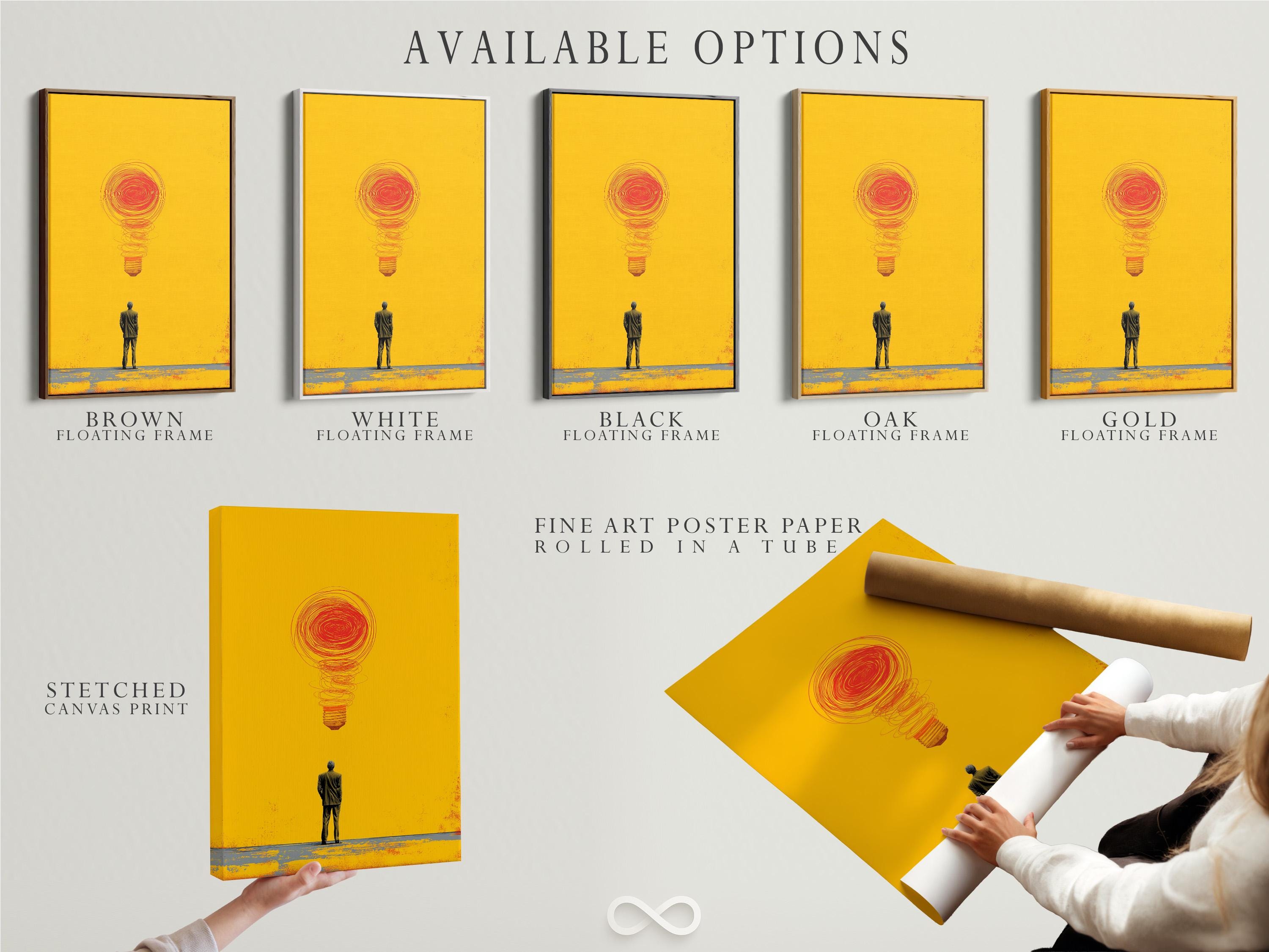 Red swirling lightbulb idea above a dark figure on a bright yellow background detail view