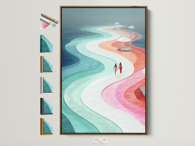 Teal and coral abstract coastal scene with ocean waves, pier, and two people walking